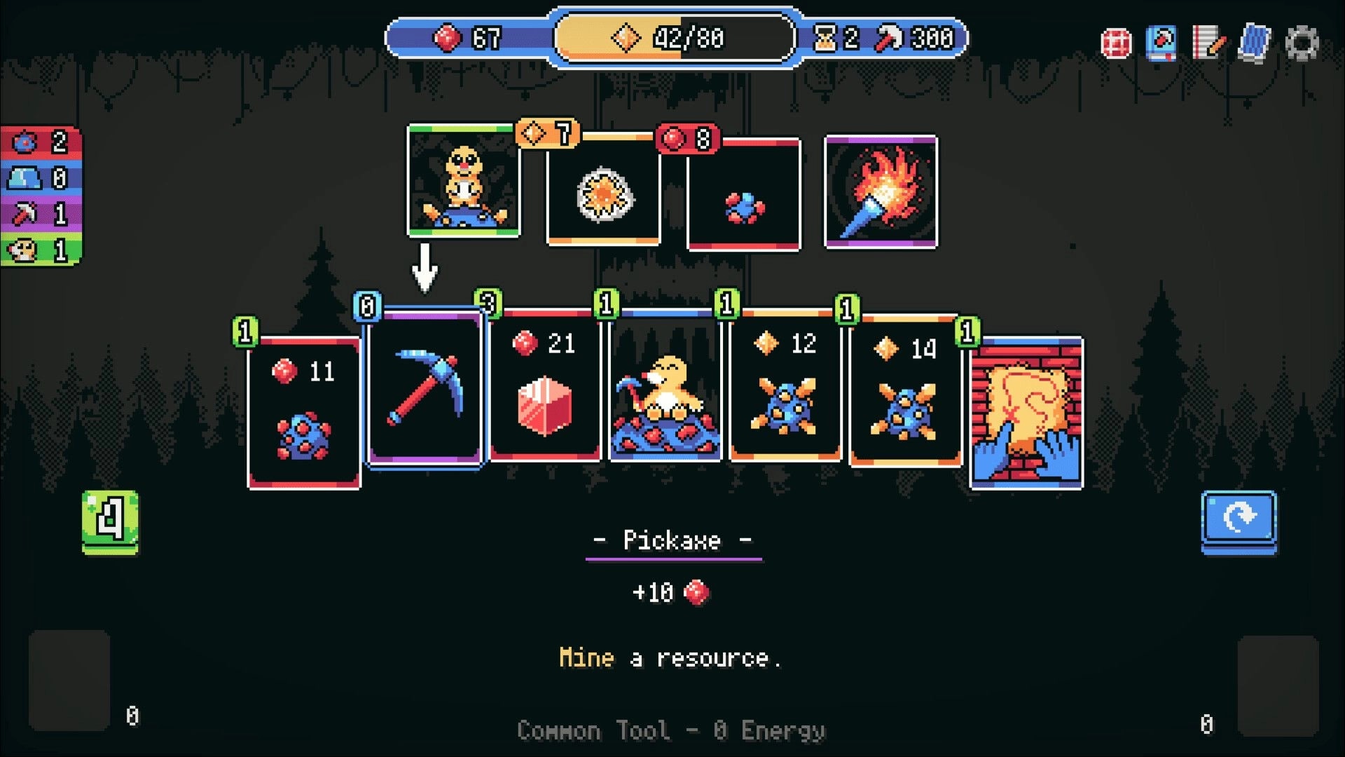 Retromine: Pickaxe card highlighted in hand with resource and enemy cards lined up in dark cave UI.