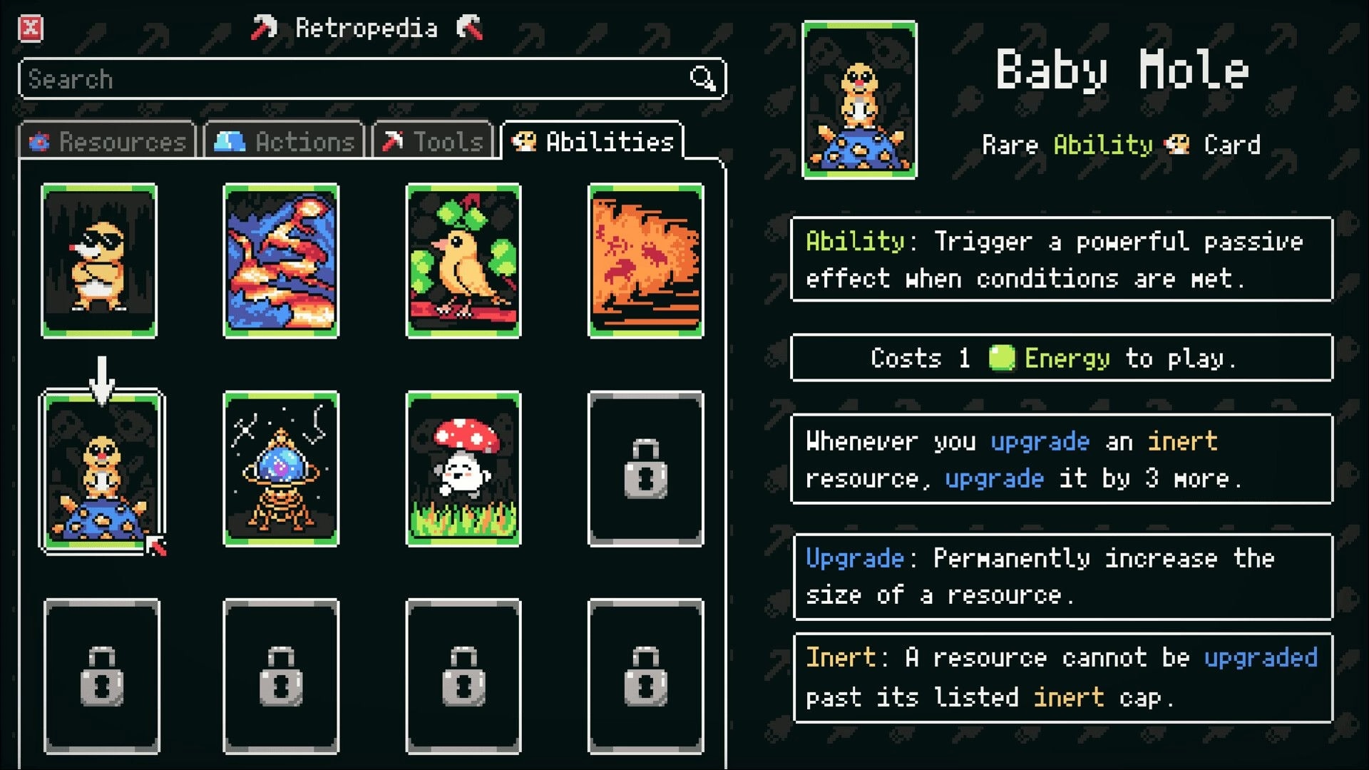 Retromine: Retropedia abilities menu highlighting Baby Mole rare card with description panel on right.