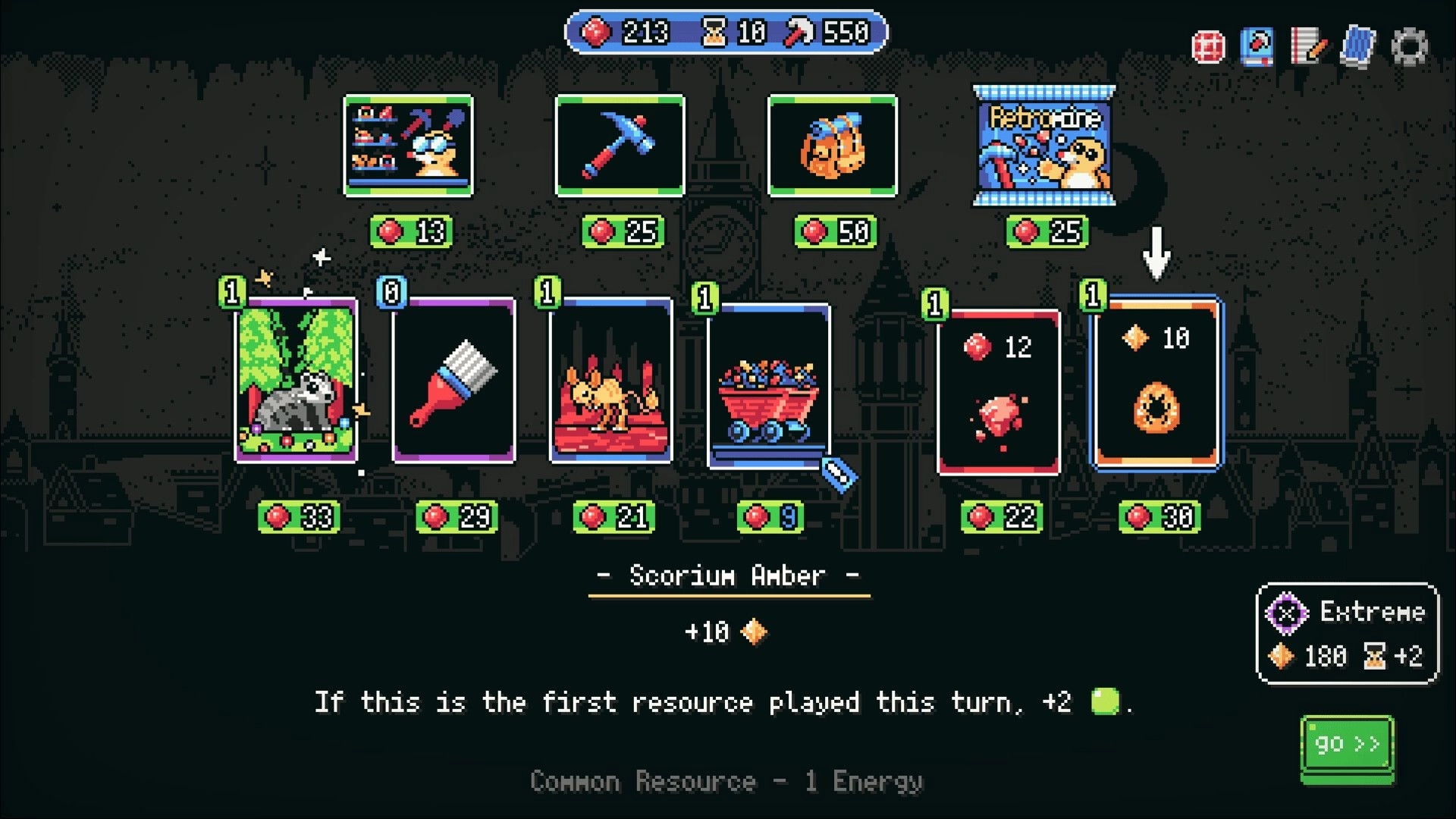 Retromine: Card shop screen with resource cards for sale and Scorium Amber highlighted in cave UI.