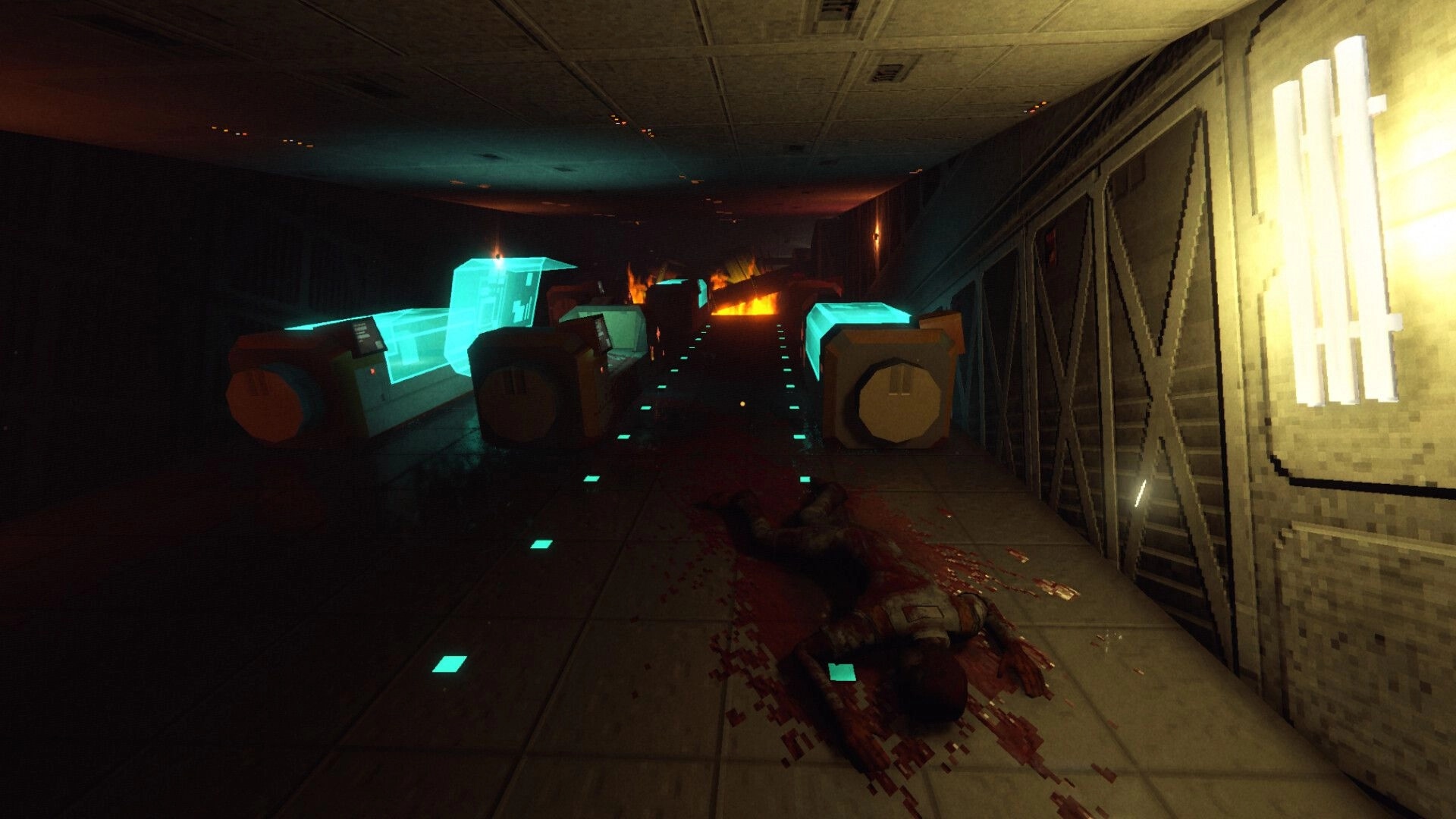 RetroSpace: Bloodied body on corridor floor near glowing crates and flames in dark station hall.