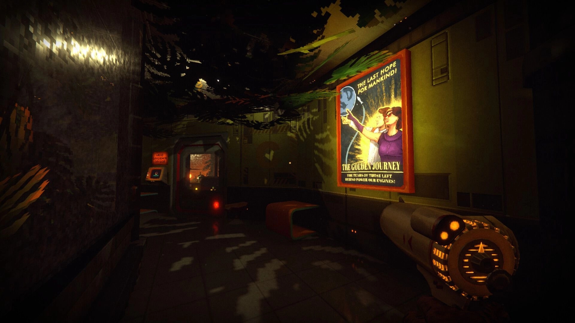 RetroSpace: First-person corridor view with glowing gun, poster wall, and smoky station hallway ahead.