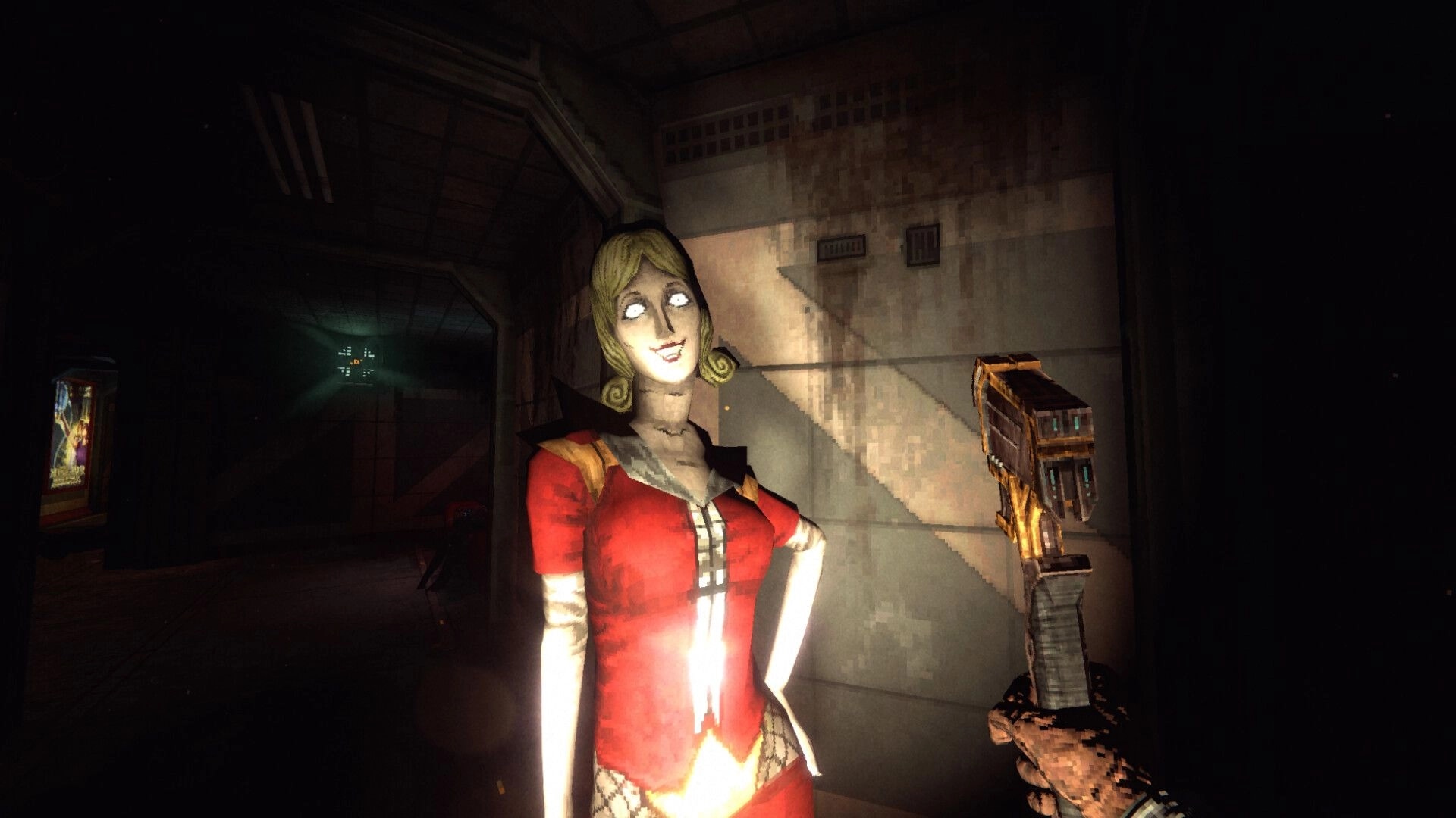 RetroSpace: First-person pistol aimed at a smiling woman in red outfit in a dim station corridor.