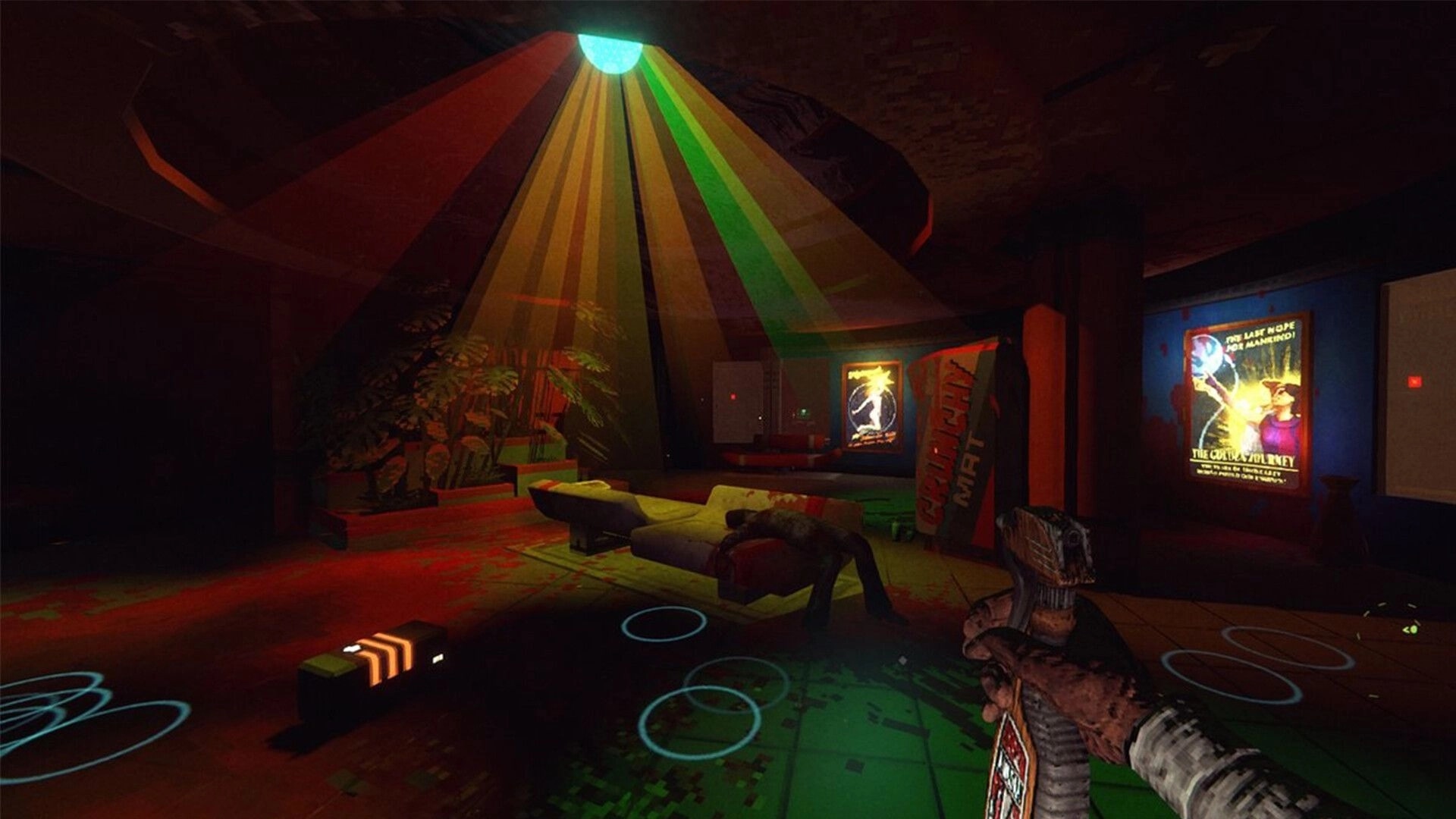 RetroSpace: First-person view holding a club in a neon lounge with disco beams and posters on walls.