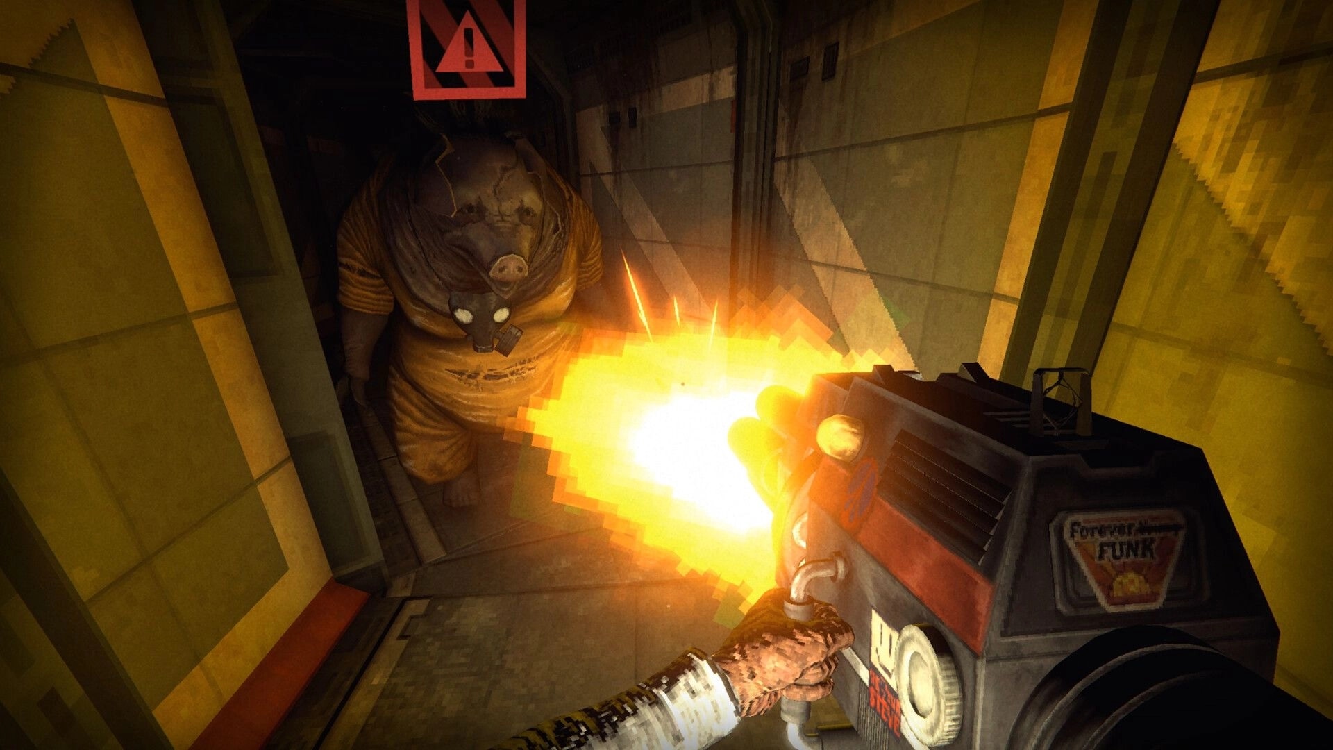 RetroSpace: First-person gunfire at a hulking mutant in a narrow metal corridor, red warning icon above.