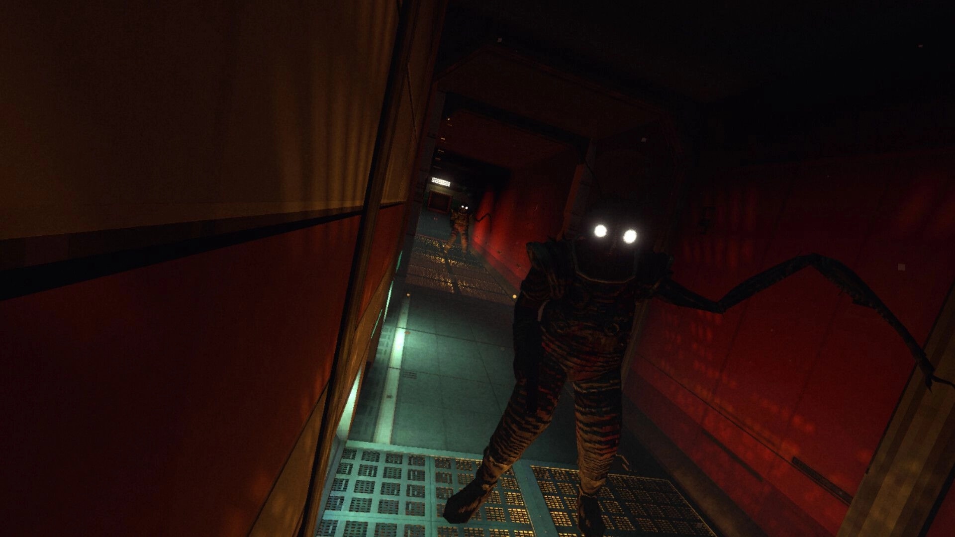 RetroSpace: Glowing-eyed monster blocks a red-lit corridor with a second creature lurking ahead.