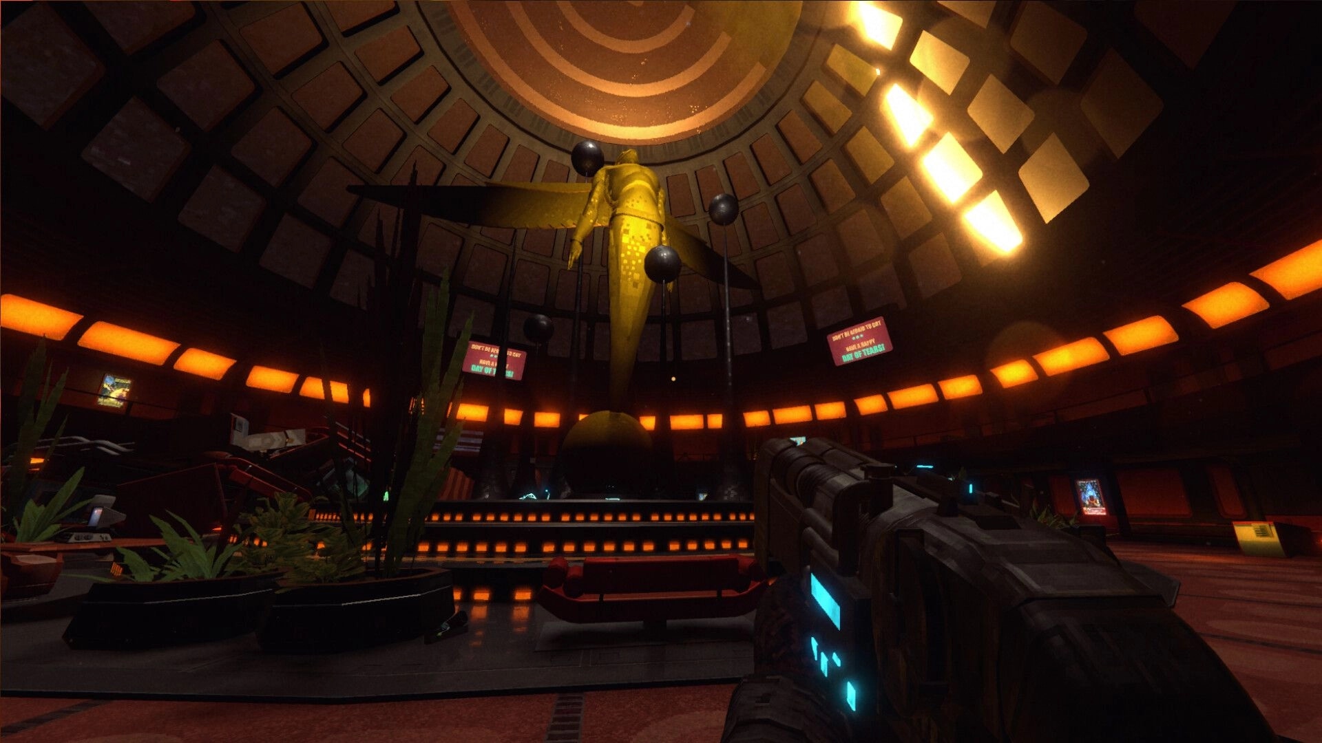 RetroSpace: First-person view aiming a sci-fi gun at a gold statue in a neon-lit dome atrium.