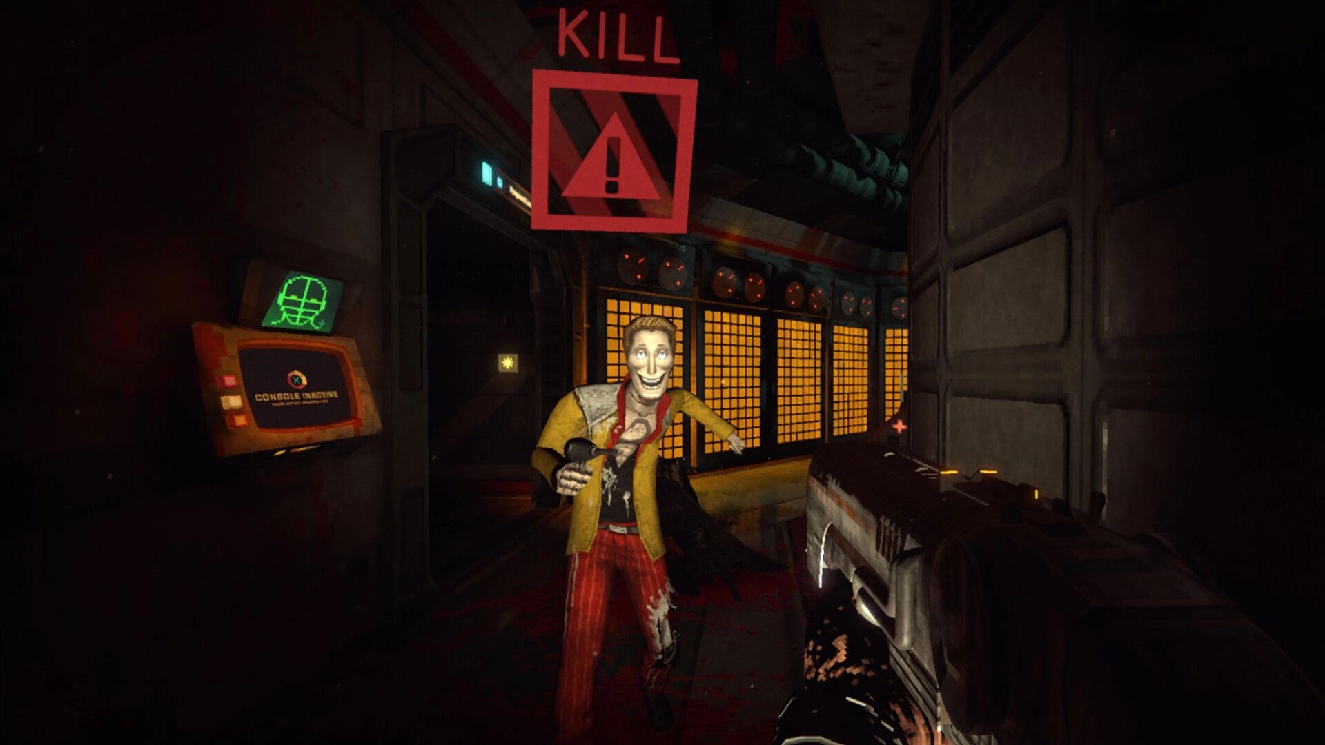 RetroSpace: First-person aim at grinning attacker in dim corridor, red KILL warning and inactive console.