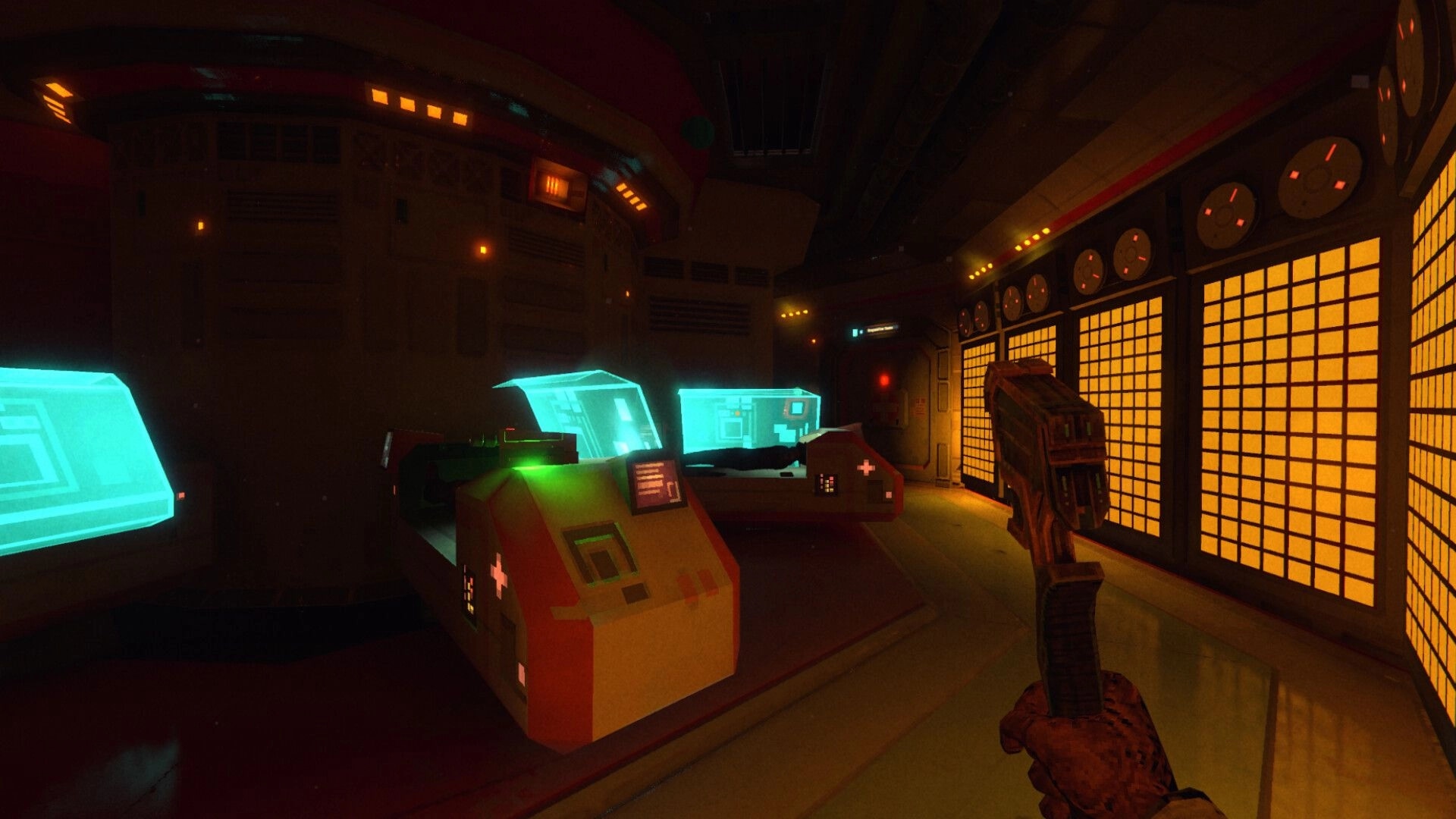 RetroSpace: First-person view aiming a pistol at glowing control consoles in a dim station corridor.