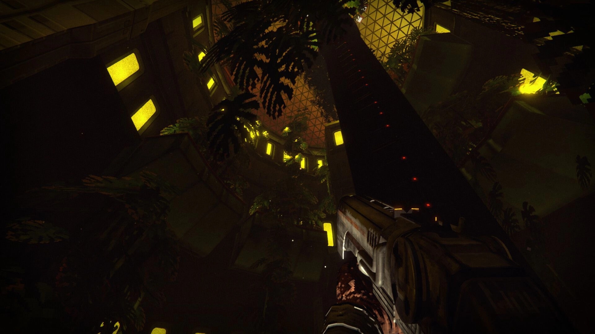 RetroSpace: First-person view holding a gun in a dim atrium with plants and glowing yellow windows.