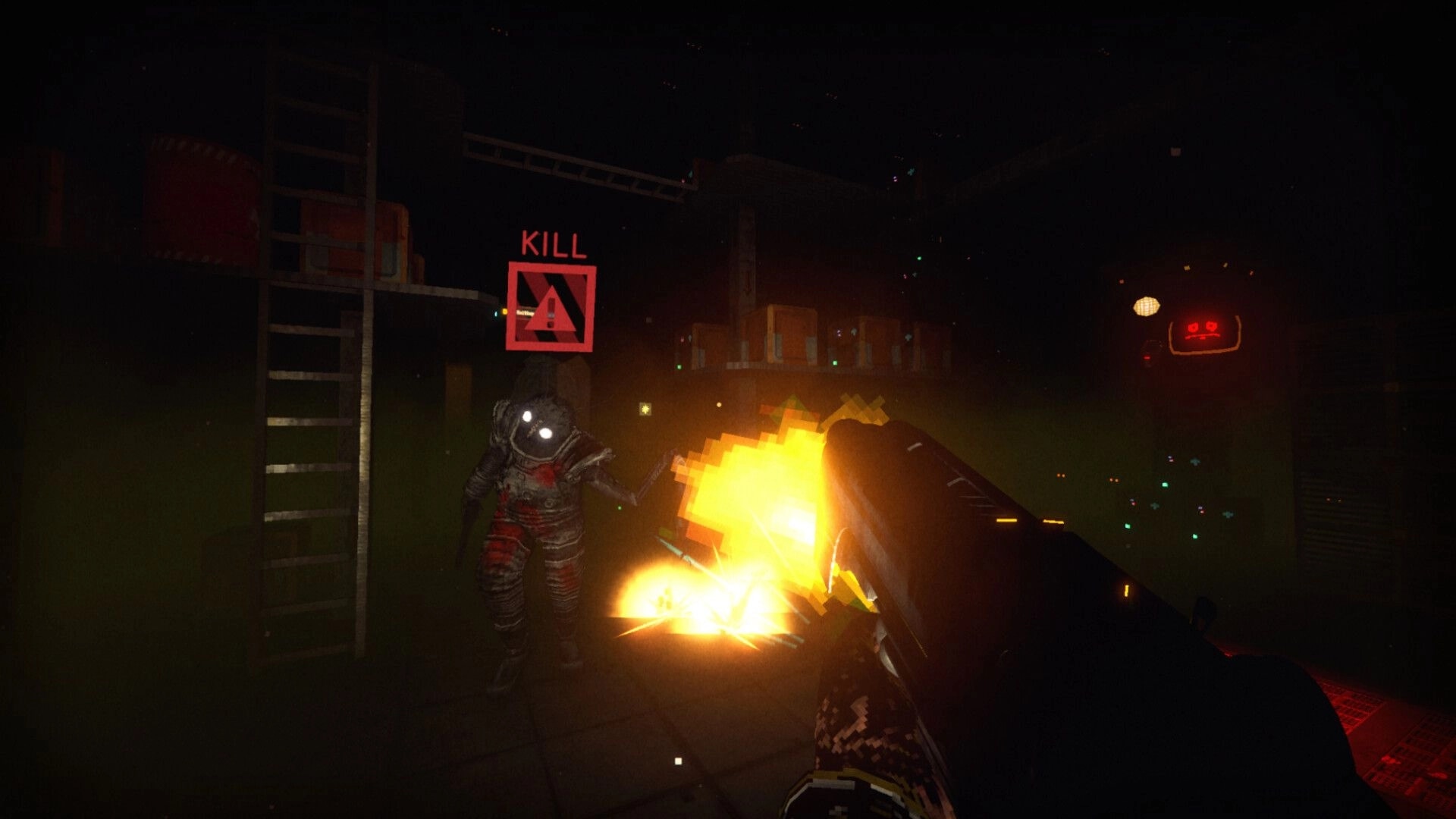 RetroSpace: First-person shotgun blast at suited enemy by ladder in dark corridor with KILL sign.