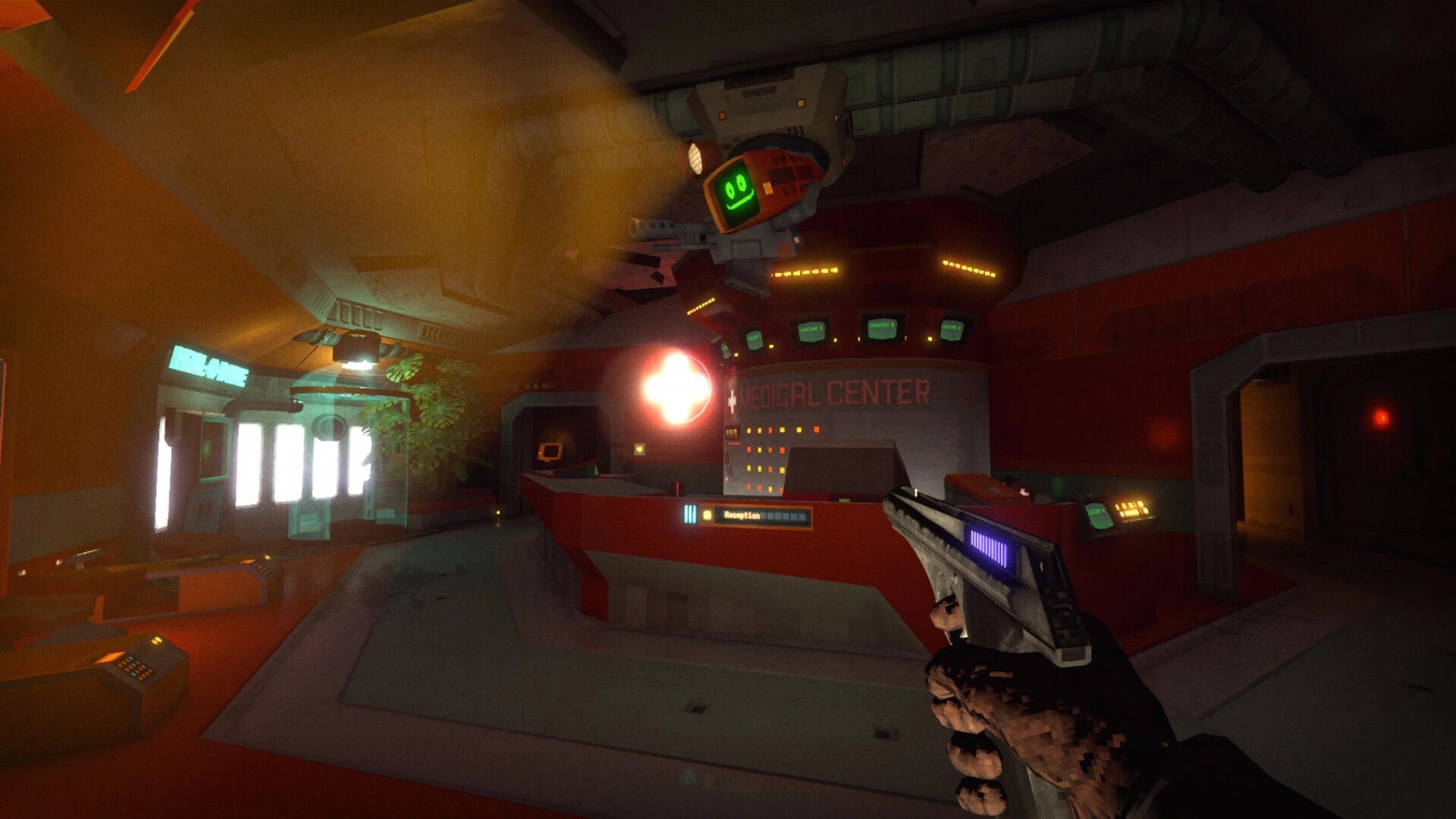 RetroSpace: First-person pistol aimed at reception desk beneath hovering robot in medical center lobby.