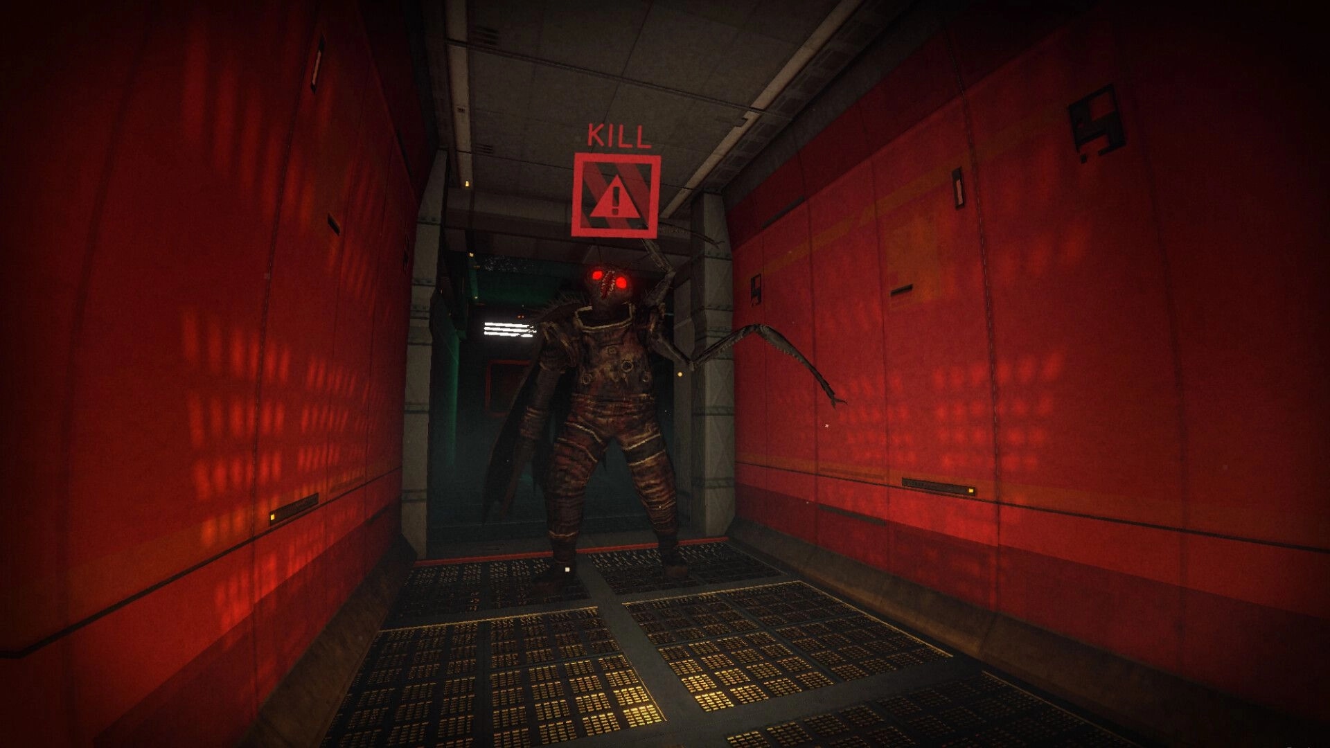 RetroSpace: Glowing-eyed mutant blocks a red corridor under a floating KILL warning icon on station deck.