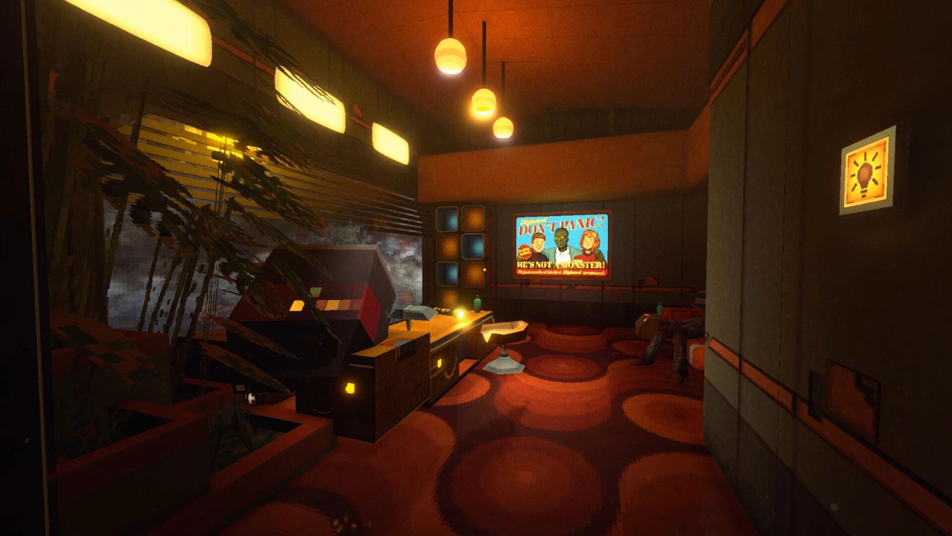RetroSpace: Explore a retro lounge with desk, chairs, plants, and a neon poster on the wall.