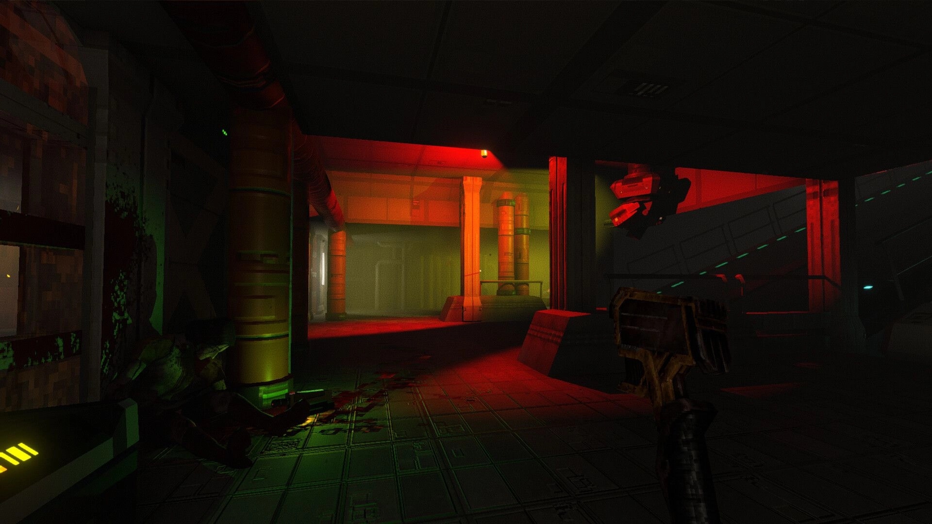 RetroSpace: First-person view aiming a pistol down a red-lit corridor with pipes, crates, and haze.