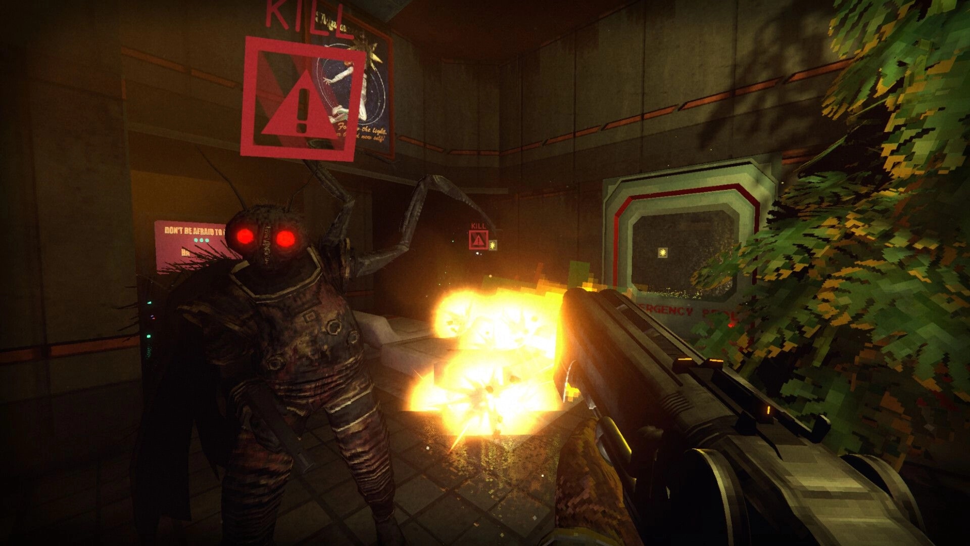 RetroSpace: First-person shotgun blast hits red-eyed insectoid in metal corridor by emergency door.