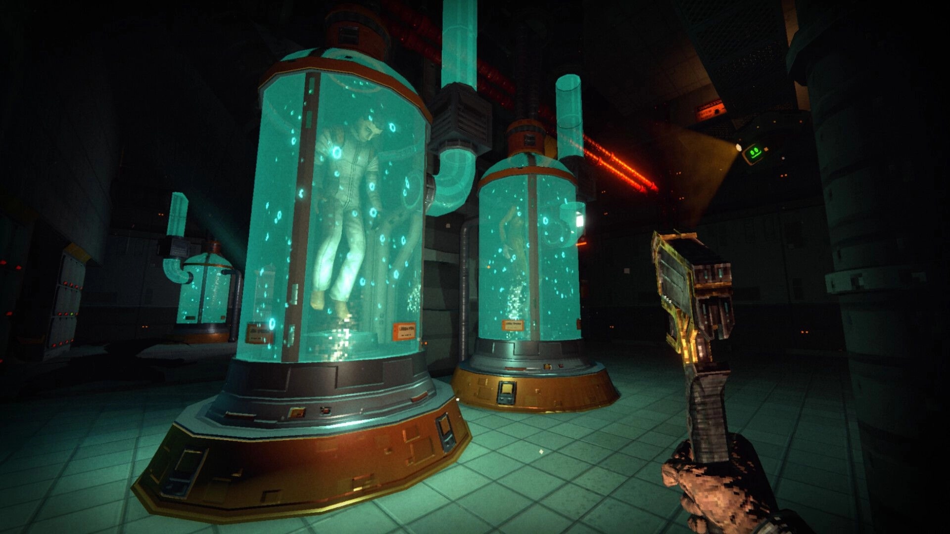RetroSpace: First-person view holding a wrench beside glowing stasis tanks in a dark lab room.