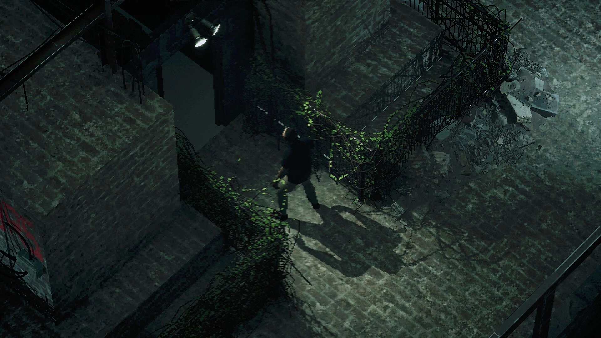 Return to Rezpulka: Sergey exploring dimly lit alleyway overgrown with vines and scattered debris