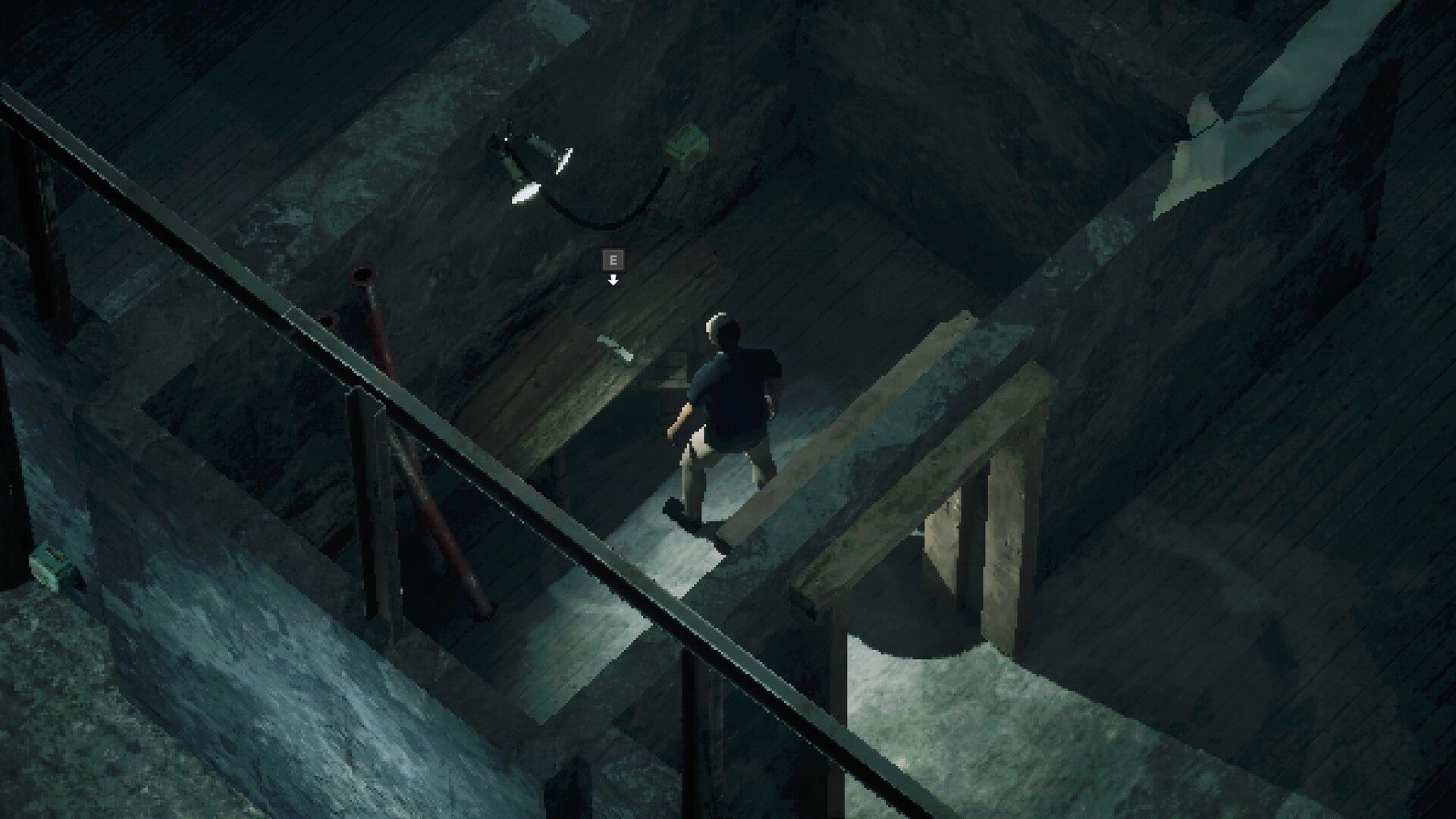 Return to Rezpulka: Sergey explores a dimly lit basement with a flashlight on a wooden table.