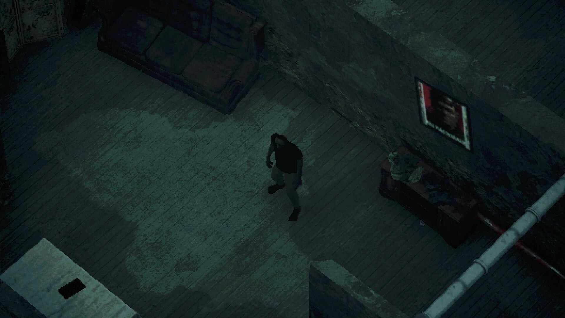 Return to Rezpulka: Sergey exploring dimly lit room with couch and wall poster in abandoned building