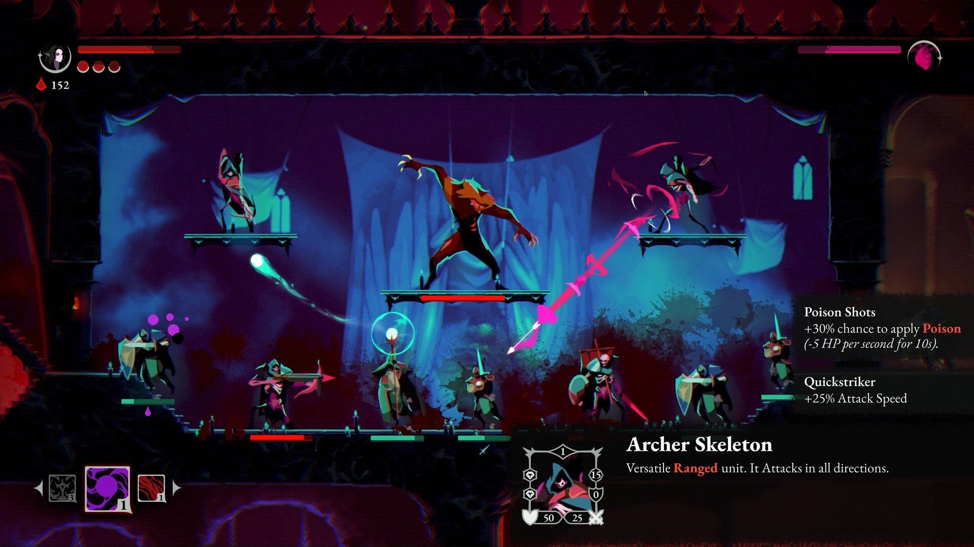 ReVamp: Combat with archer skeletons and enemies on castle platforms, unit info and perks UI.