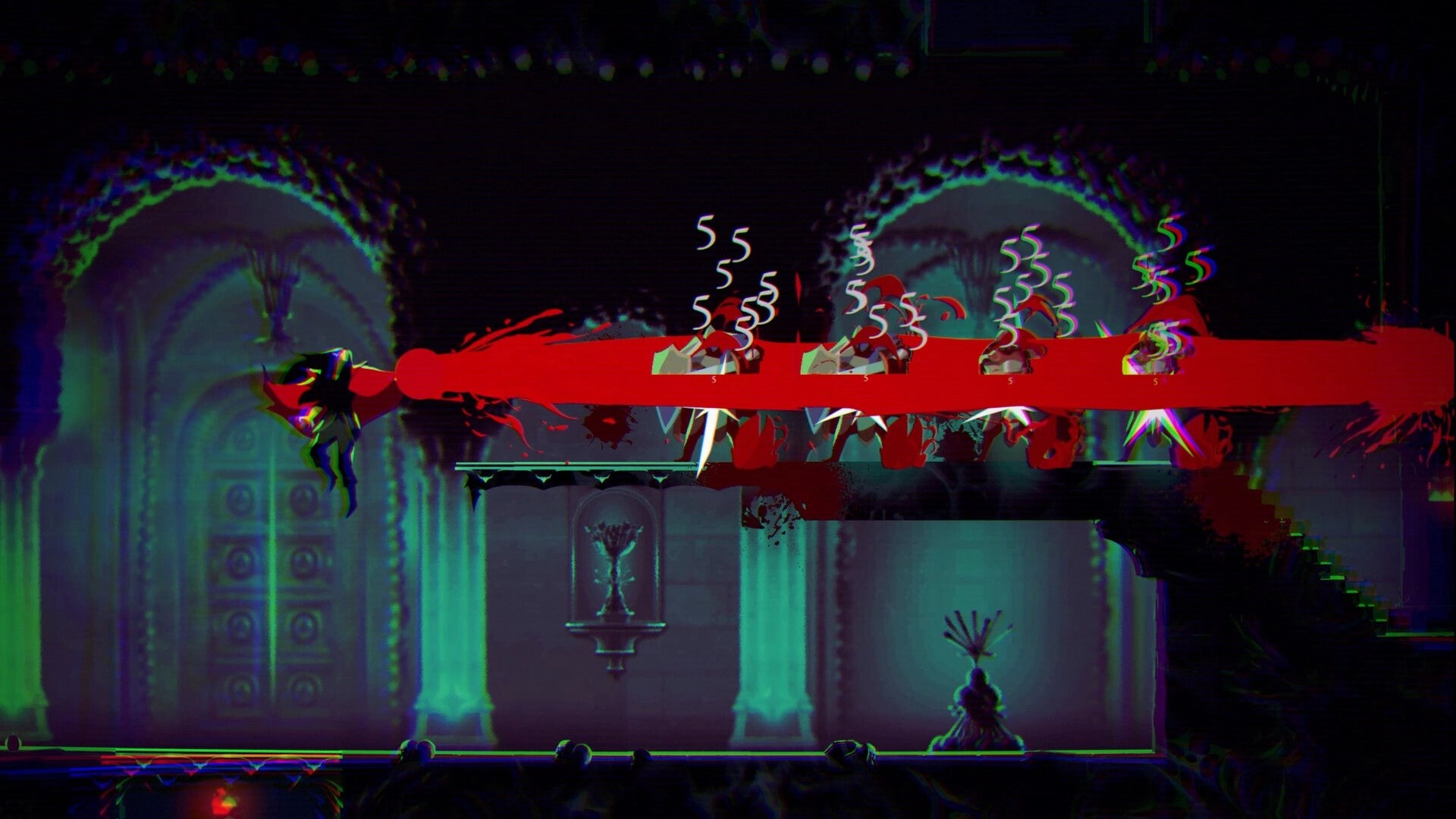 ReVamp: Vampire slashes through clustered enemies, damage numbers pop up in a gothic hall corridor.