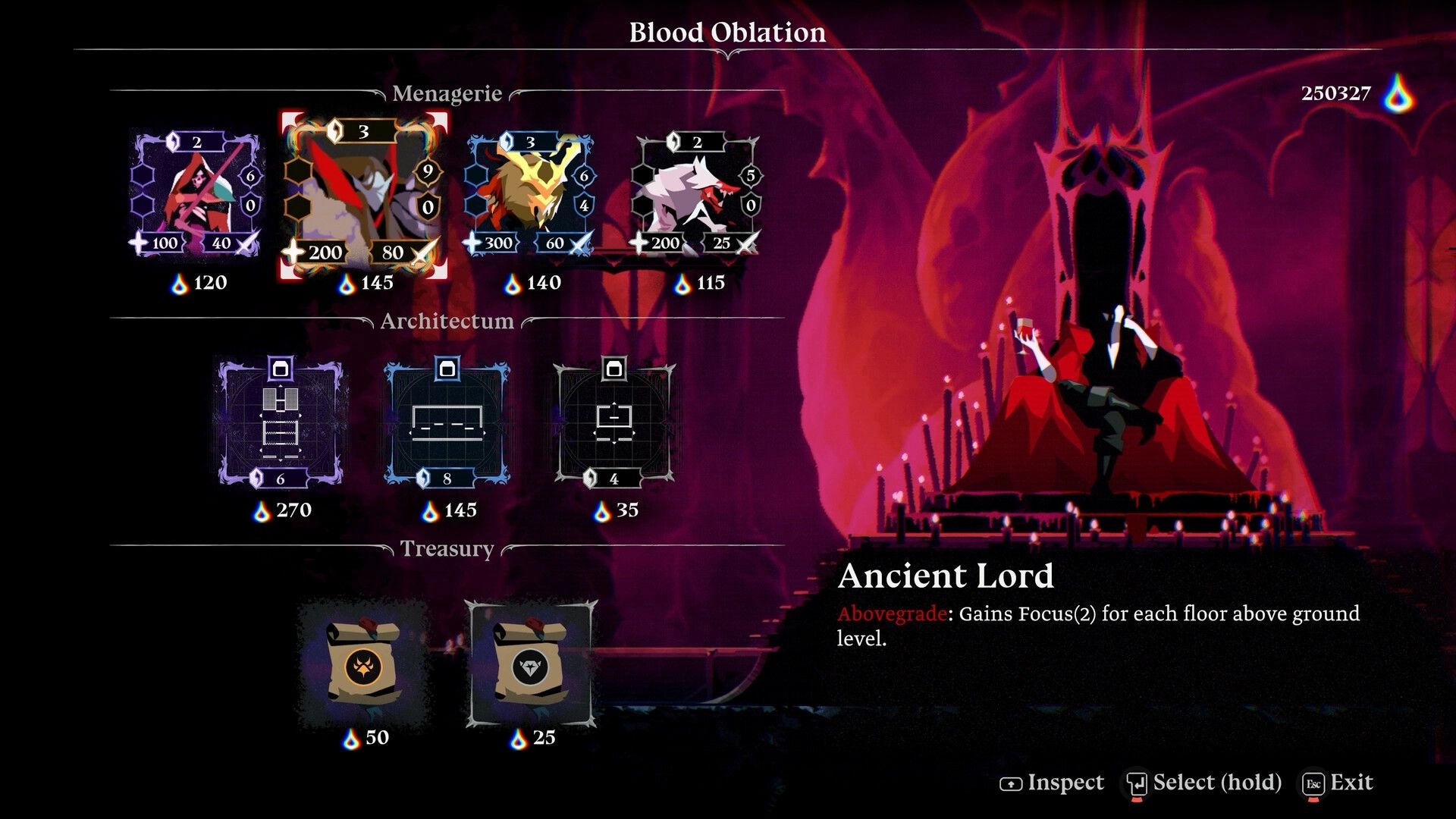 ReVamp: Blood Oblation upgrade menu with monster cards and Ancient Lord perk in crimson throne room.