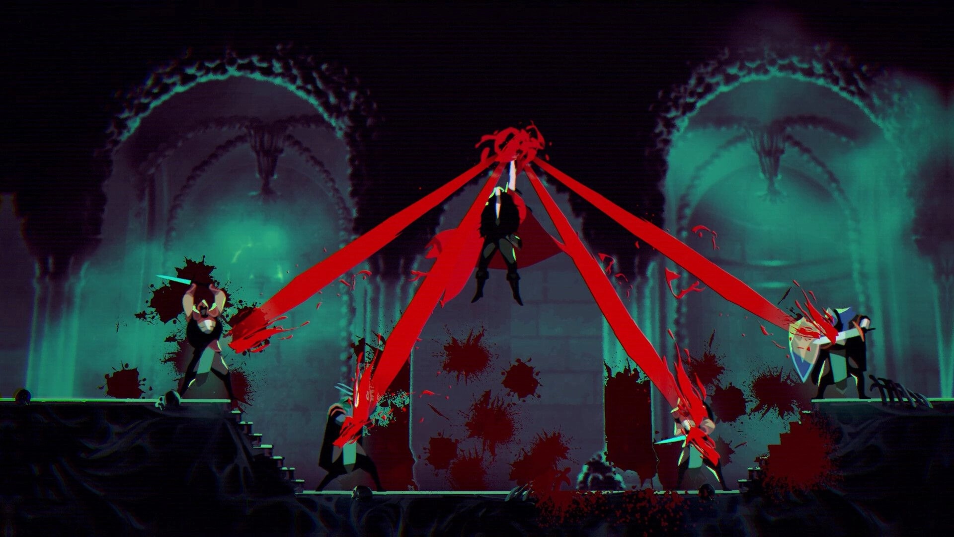 ReVamp: Vampire unleashes red blood tendrils on armored foes in a teal-lit gothic hall.