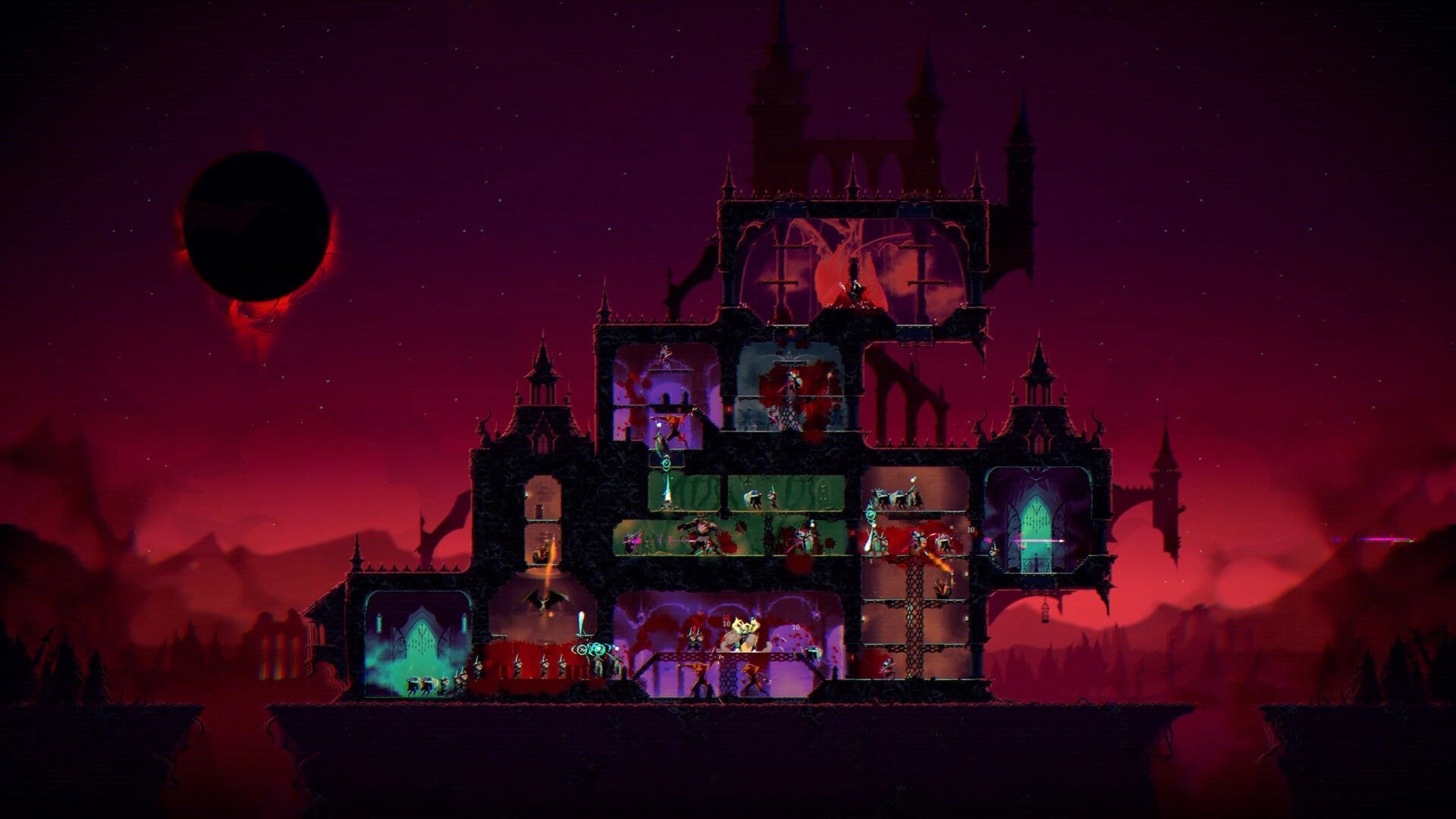 ReVamp: Side-view castle defense with monsters battling invaders in rooms under a red eclipse sky.