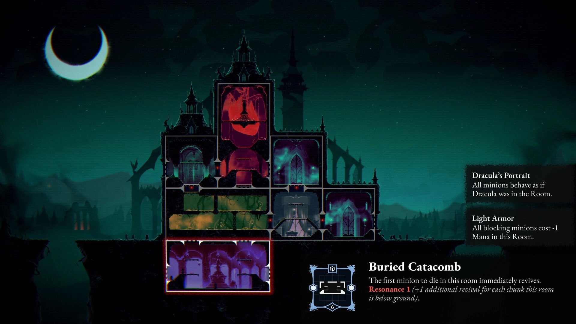 ReVamp: Fortress room layout view with highlighted Buried Catacomb card and perks panel at night.