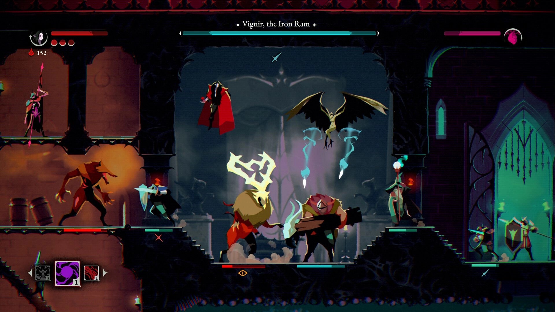 ReVamp: Boss fight vs Vignir, the Iron Ram in a gothic hall with monsters and spell UI bars.