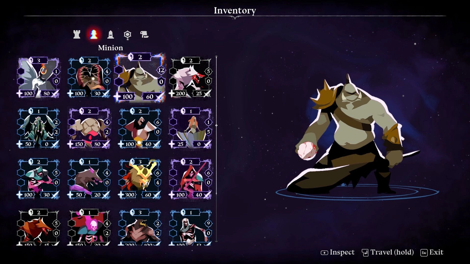 ReVamp: Inventory minion grid with stat cards, highlighted brute preview on starry backdrop.
