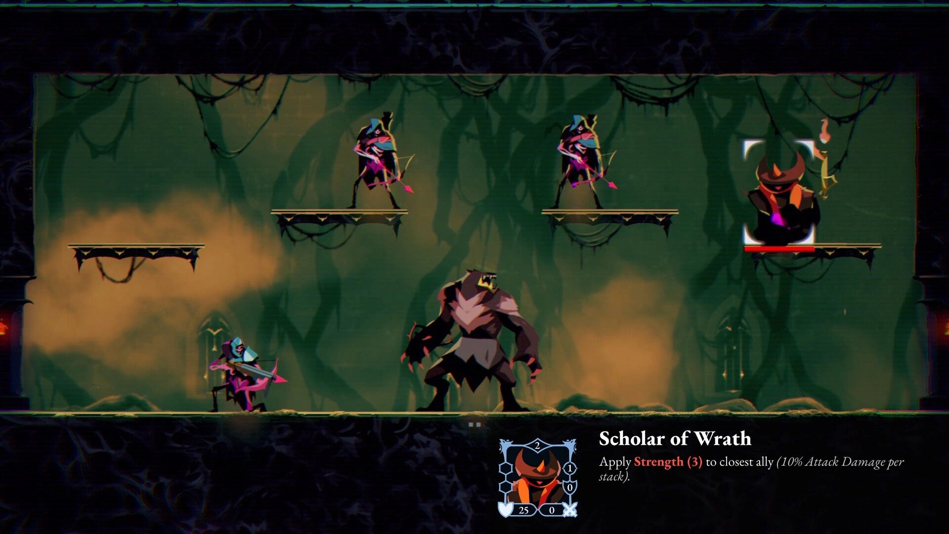 ReVamp: Monster brawl with archers and brute in misty dungeon room, Scholar of Wrath UI tooltip.