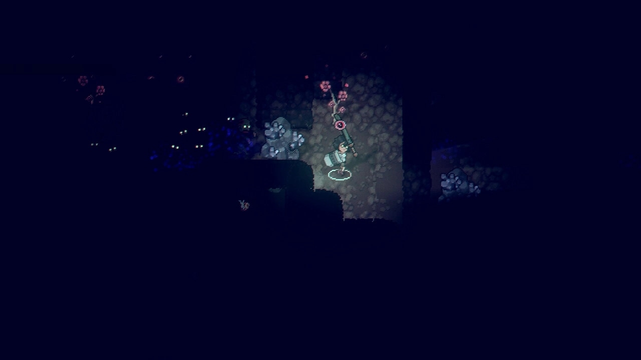 Revelation of Decay: Player with glowing staff exploring dimly lit cavern filled with lurking creatures