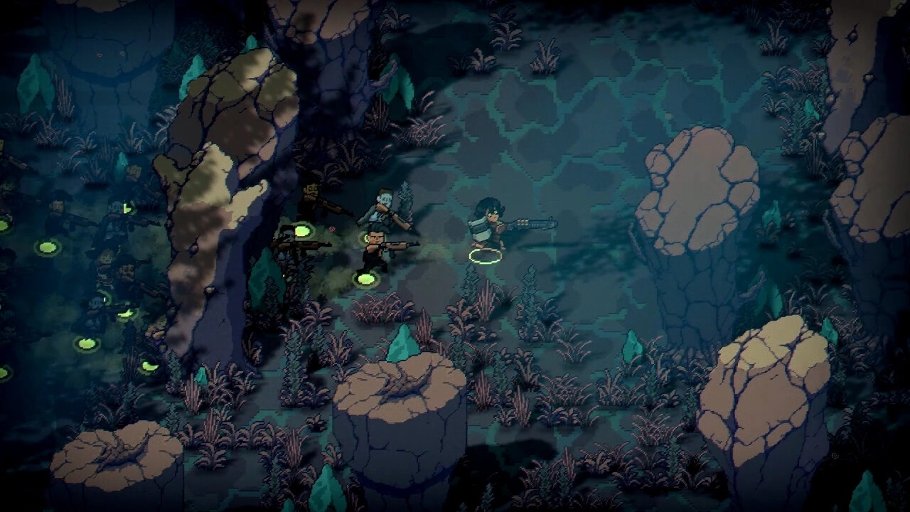 Revelation of Decay: Group of survivors with rifles sneaking through a rocky, overgrown landscape at night.