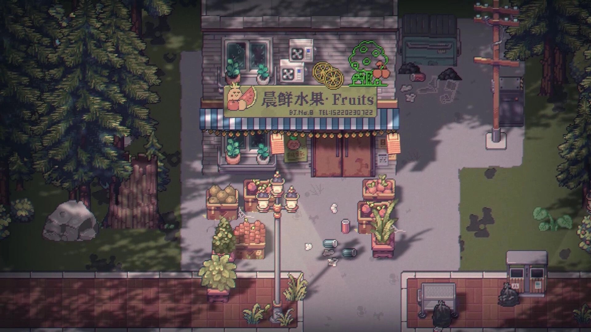Revelation of Decay: Peaceful village market with fruit stalls surrounded by tall trees and scattered debris