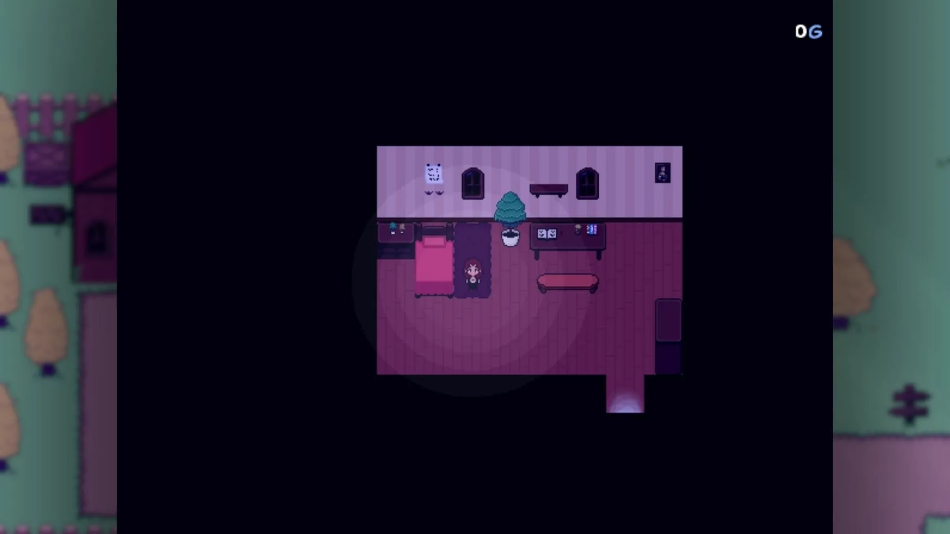Revella: Aveline stands in a cozy room with a bed, table, and potted plant, dimly lit by a soft glow