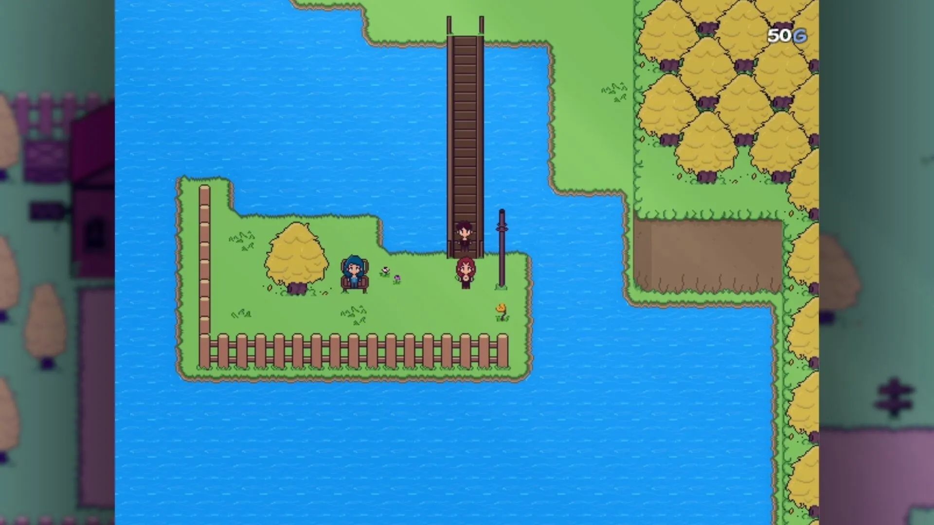 Revella: Aveline stands on a bridge near a peaceful riverbank with trees and a character seated on a bench.