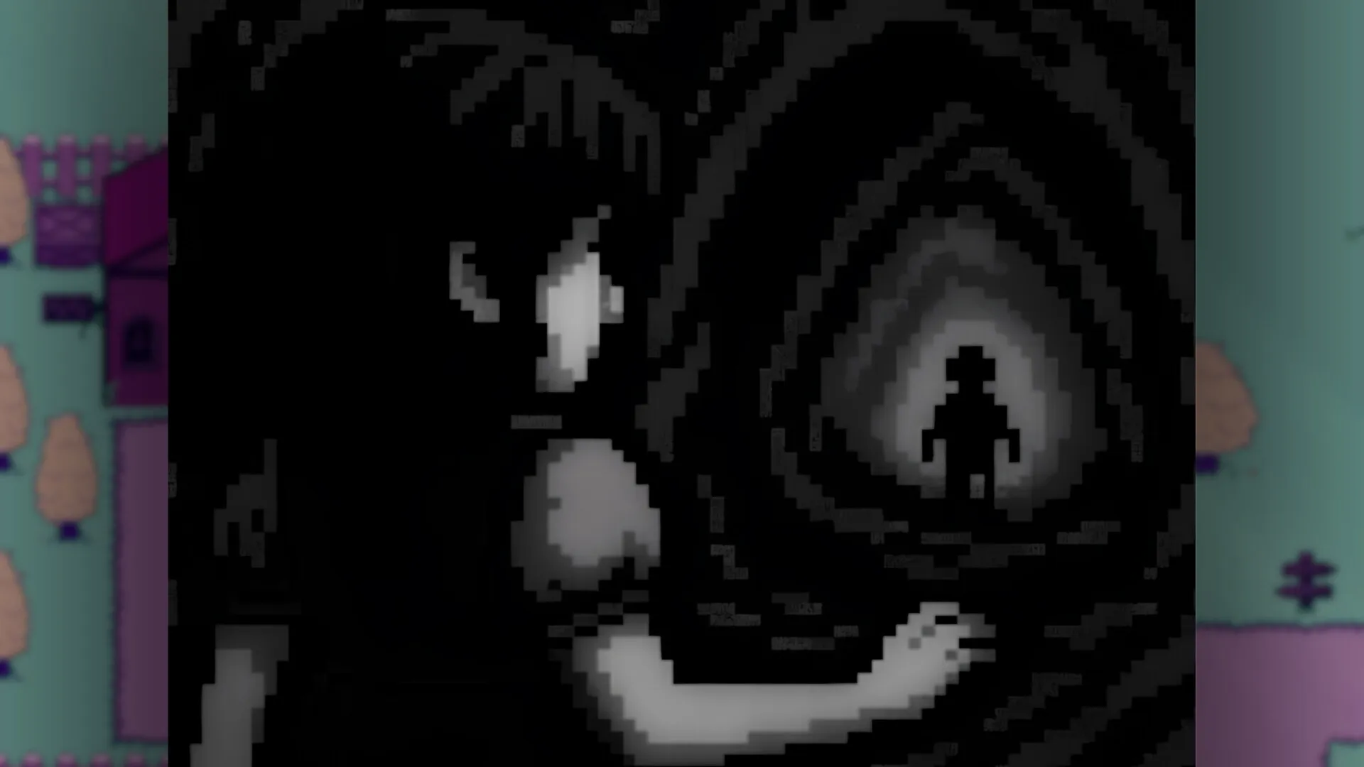 Revella: Aveline approaches a shadowy figure in a dark, mysterious cave with pixelated art style.