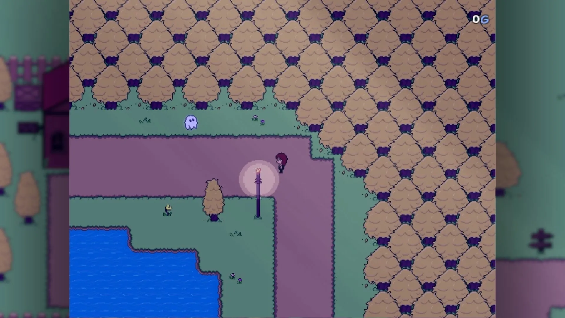 Revella: Aveline walking near a lit torch on a forest path with a lake and ghost in pixel art style