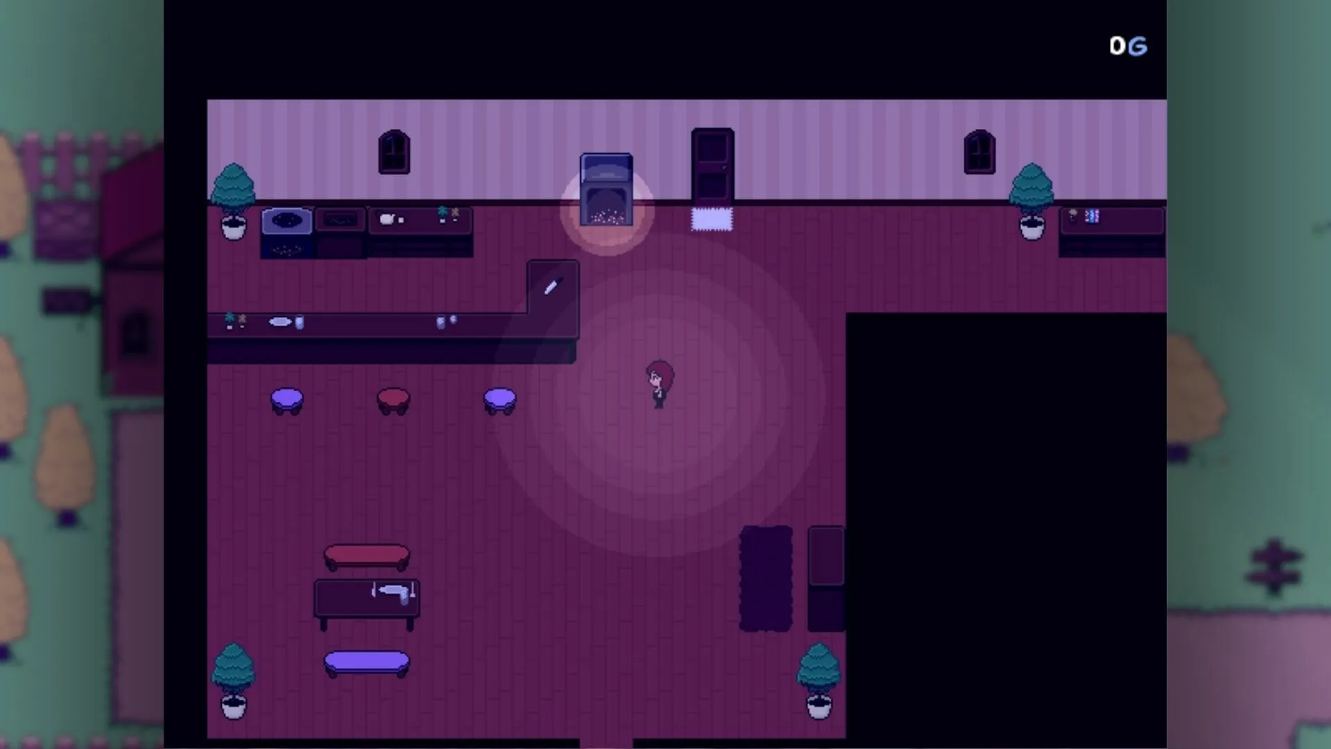 Revella: Aveline explores a dimly lit room with furniture and kitchen area in pixel art style.
