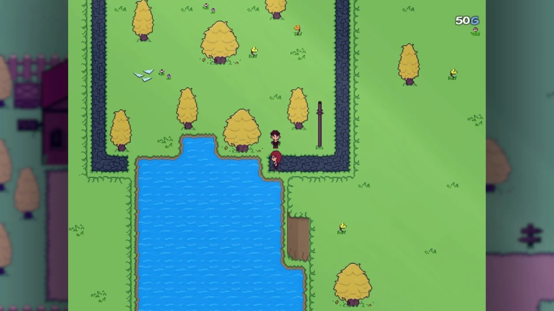 Revella: Aveline explores a grassy area with trees by a lake, accompanied by a companion on a stone path.