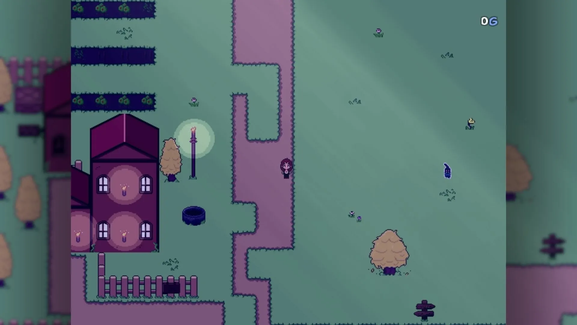 Revella: Aveline explores village path near a house with lit torches and trees in pixel art style