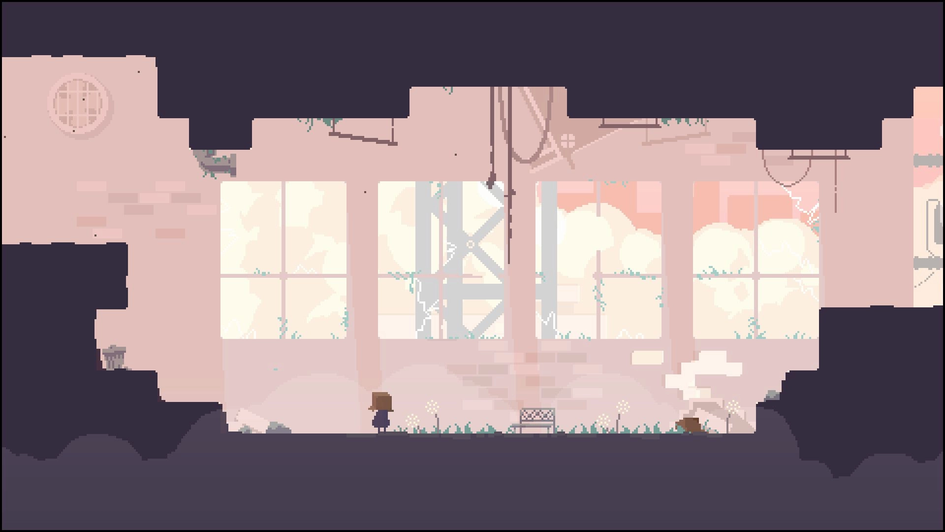 Reverie: Small character stands by a bench inside a ruined building with tall cracked windows and vines.