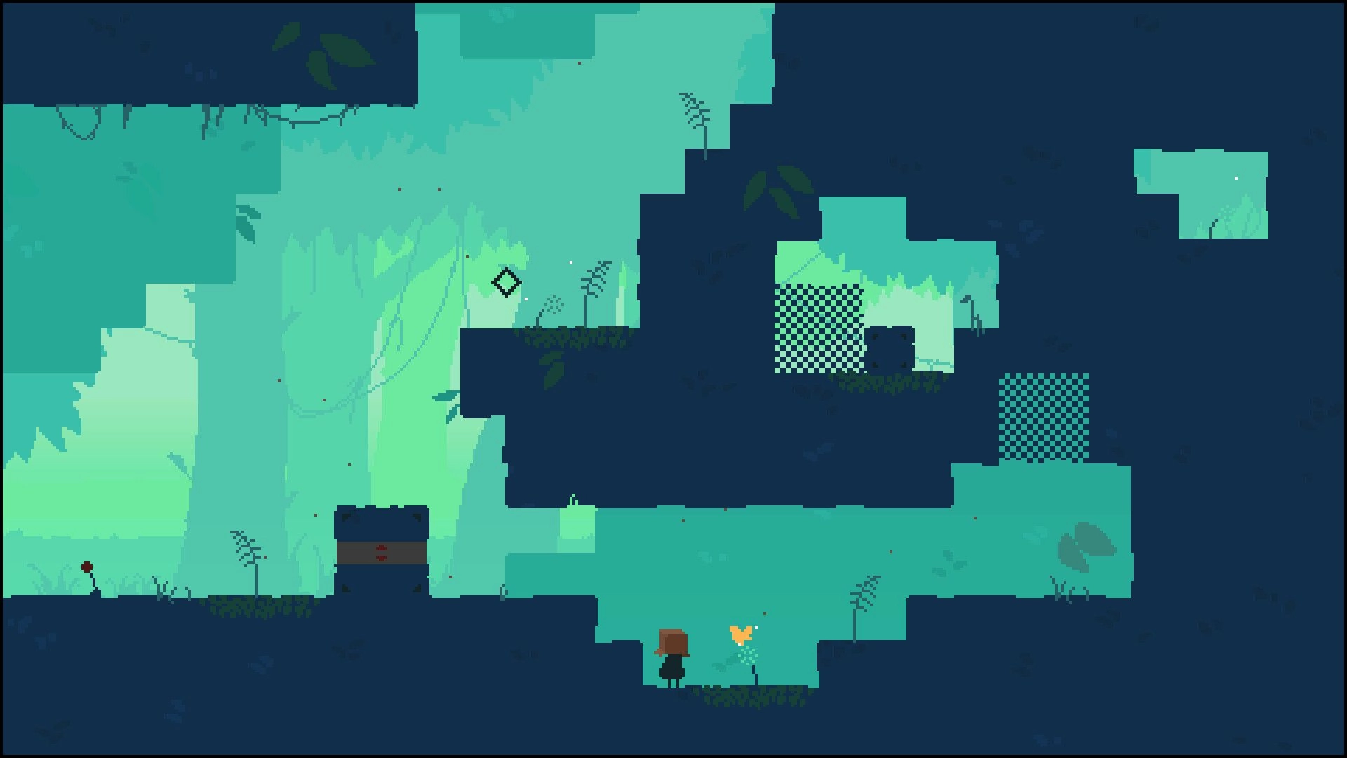 Reverie: Small character stands by a yellow flower in a teal cave with grid puzzle blocks.