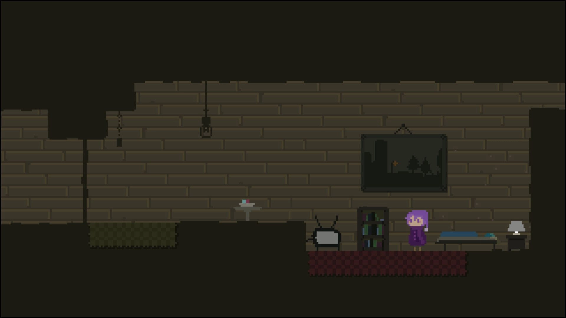 Reverie: Purple-haired character stands by a bed and TV in a dim brick-walled room interior.