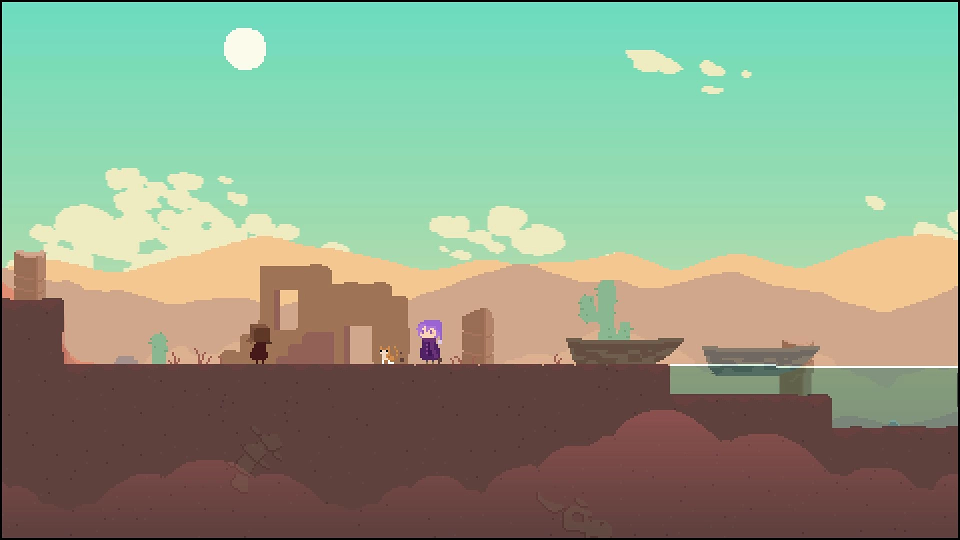 Reverie: Purple-haired character stands by a small dog near desert ruins and a water gap with boats.