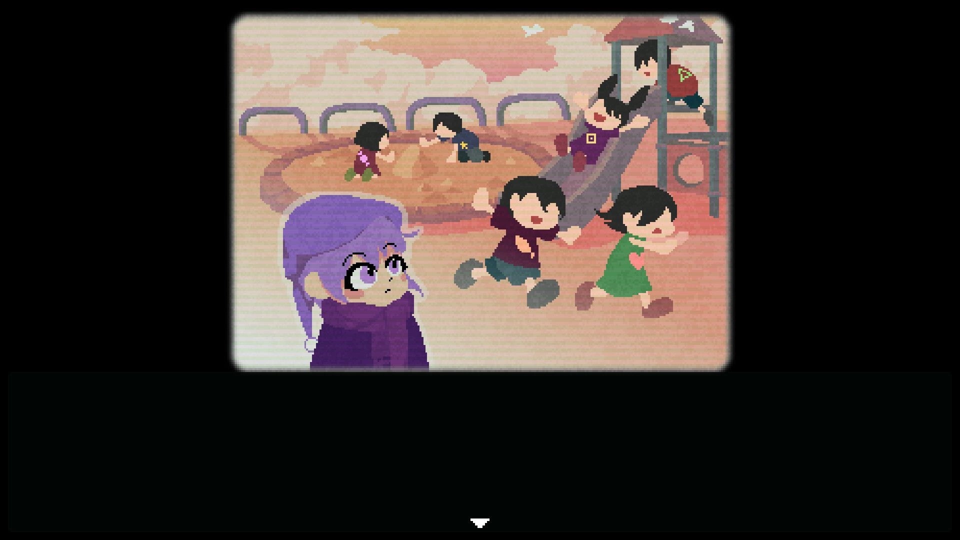 Reverie: Purple-haired girl watches kids playing and running around a playground with slide and sandbox.