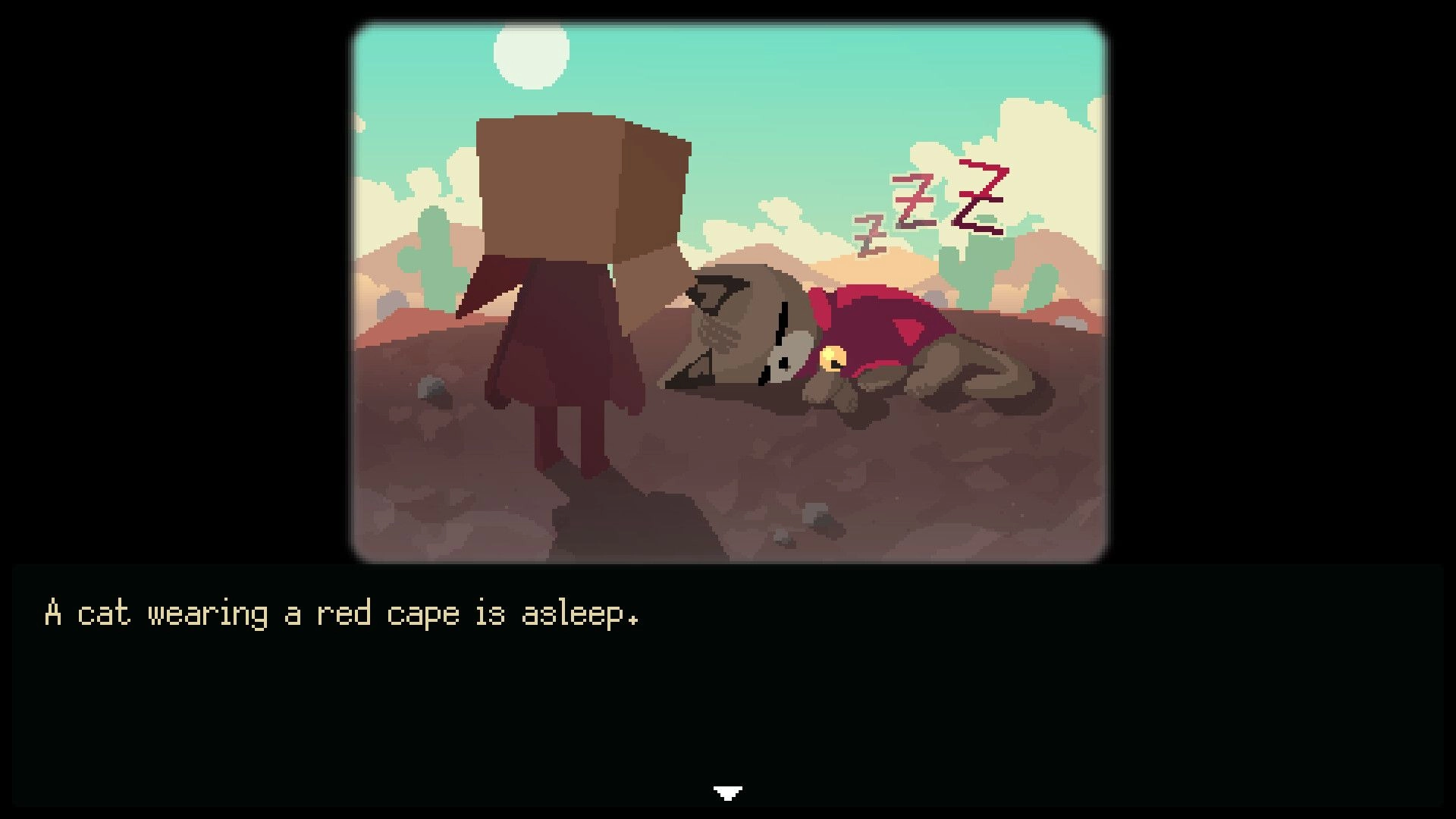 Reverie: Box-headed character faces sleeping red-caped cat with dialogue box in desert scene.