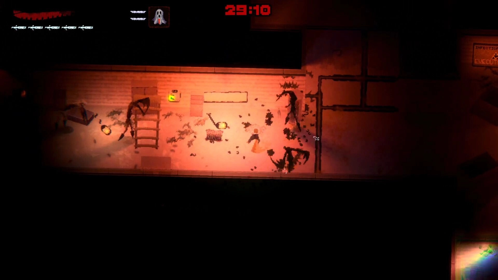 Reverie: Top-down hallway fight with shadow creatures and blood splatter in a dim red lab corridor UI timer 29:10.