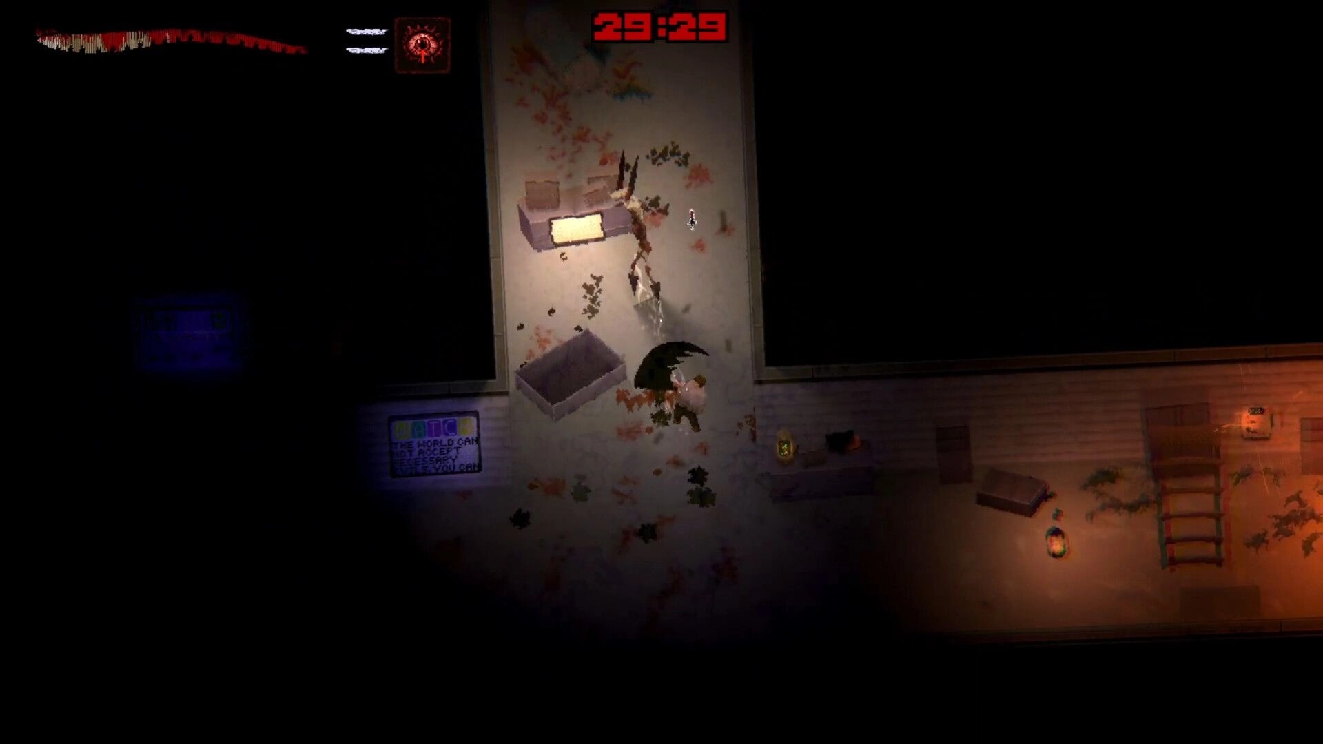 Reverie: Player swings a blade at a crawling creature in a dim hall with timer and health UI.